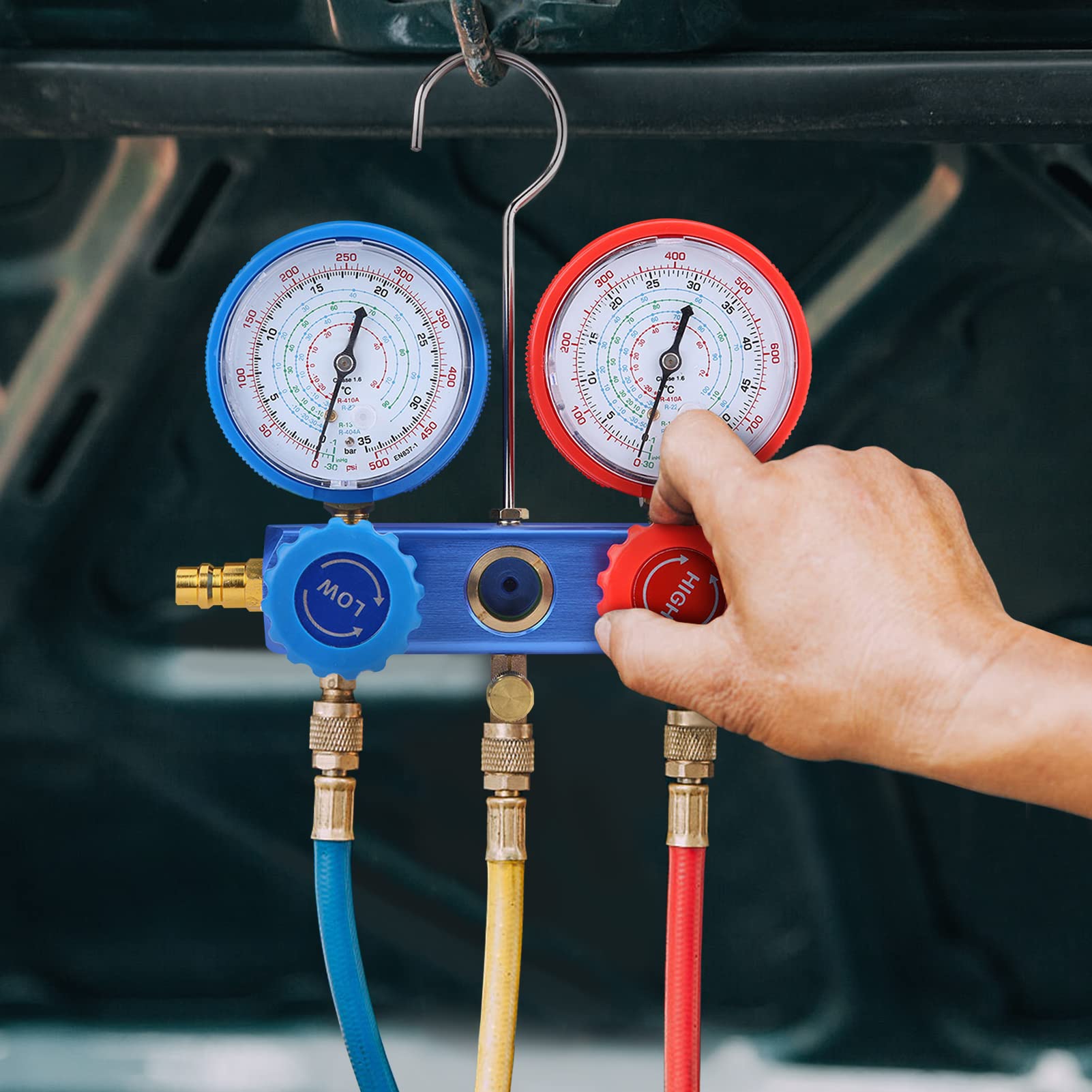 Recharge Climatisation Voiture R134A, Manifold Gauge Set Kit de Jauge de Collecteur de Diagnostic Professionnel AC Diagnostic Réfrigérants Climatisation Outils avec Tuyau, Convient aux Réfrigérants