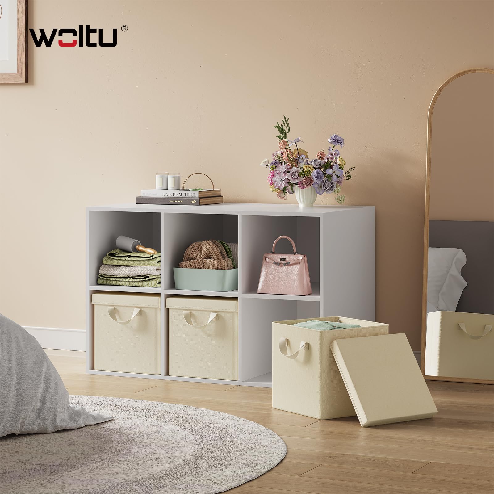 WOLTU Scatole Contenitori Pieghevoli Set di 10, Cubi in Tessuto con Manico, Coperchio e Struttura in Metallo, Organizer per Armadio e Scaffale, Crema, 27x27x27cm