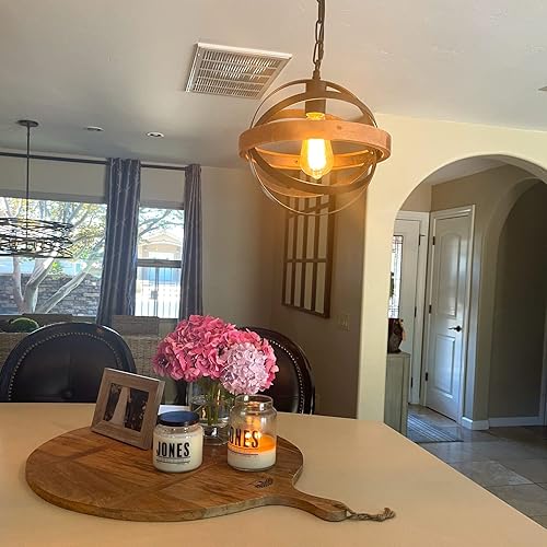 Miniatura 5 de Giluta Lámpara colgante de metal industrial de óxido con pantalla de vidrio semillado, lámpara colgante de granja de madera blanca para entrada,