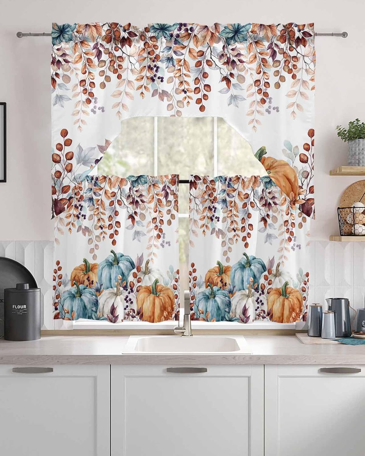 Fall Thanksgiving Kitchen Curtains Sets 24 Inch Length with Valance, Blue Orange White Pumpkin Swag Valances for Windows and Tiers Curtain Set, Eucalyptus Leaves Drapes for Living Room, Cafes