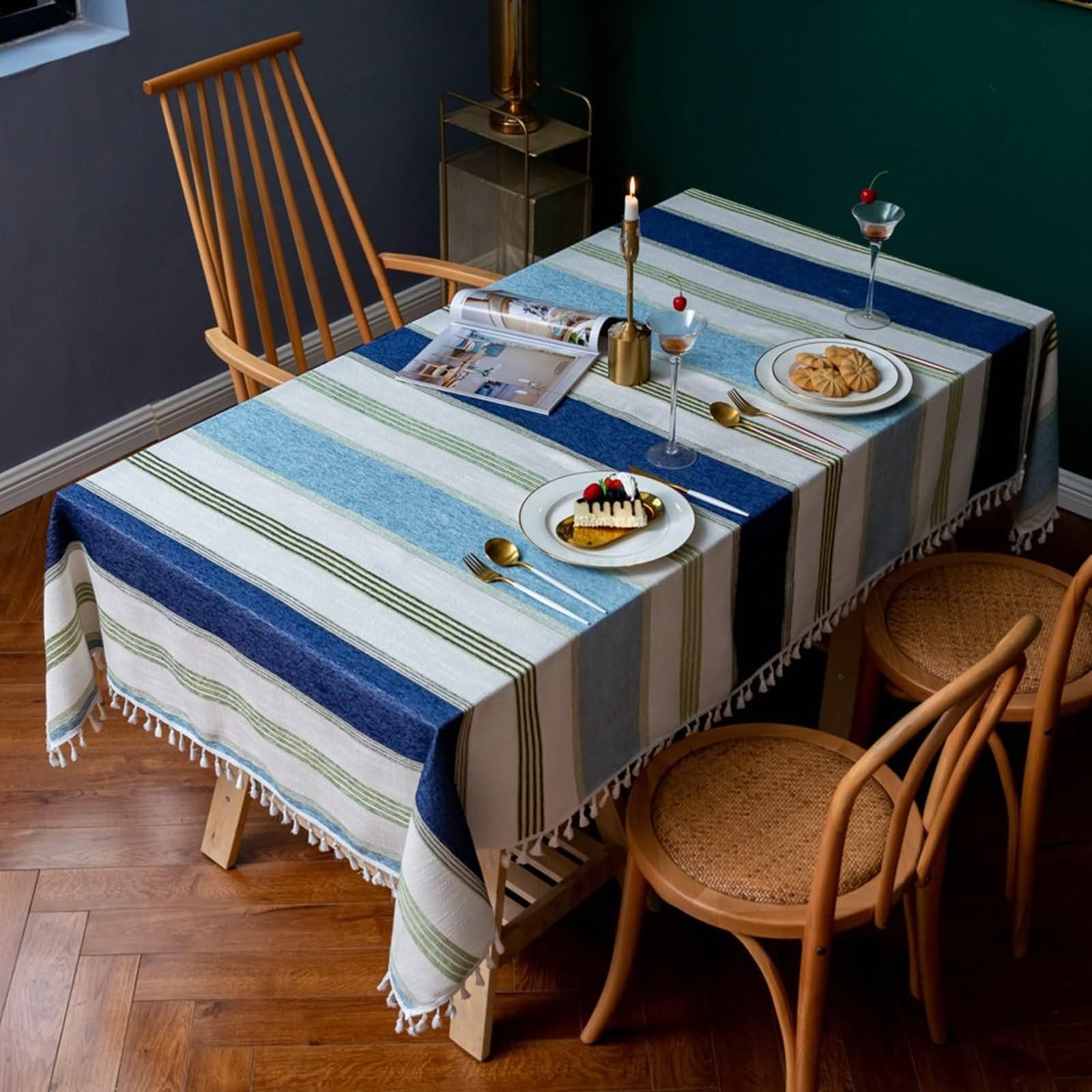 Mantel Rectangular Azul Oscuro Verde Mesa, Rayas con Borlas, de Algodón y Lino Elegante, 140 x 260 cm, Mantel para Restaurante