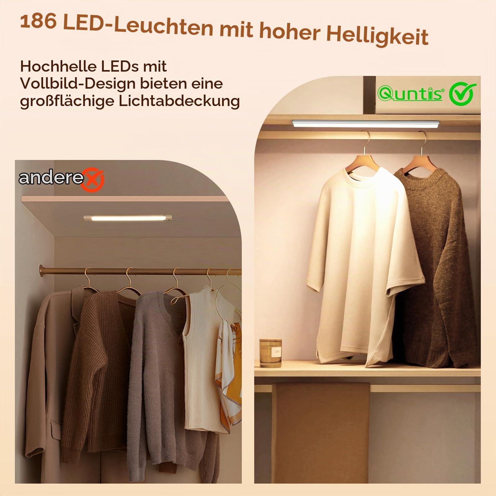 Quntis 40cm Schrankbeleuchtung Kabellos mit Bewegungsmelder 2er Set 186 LED 3 Farben Schranklicht Vollflächig Unterbauleuchte Küche Dimmbar Leiste 2500mAh Akku Unterschrank Beleuchtung Flur Bad Treppe