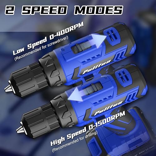 Miniatura 9 de PULITUO Juego de taladro inalámbrico, taladro eléctrico de 20 V con batería y cargador, par de torsión 30N, ajuste de par 21+1, 2 velocidades