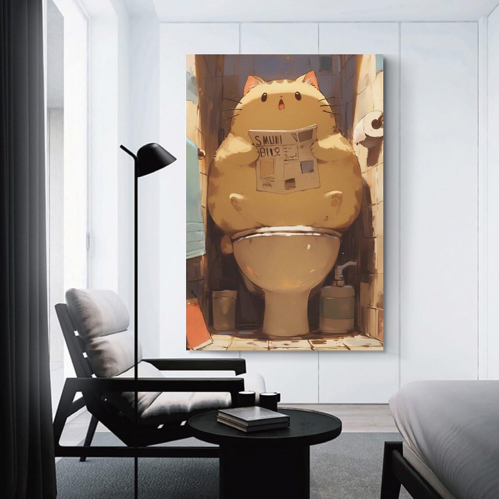 Junmoney Funny Comical Cat Toilet Home Decor Wall Art 24x36inch(60x90cm), for Office, Study Or Home Workspace, Home Office Artwork with Decorative Appeal
