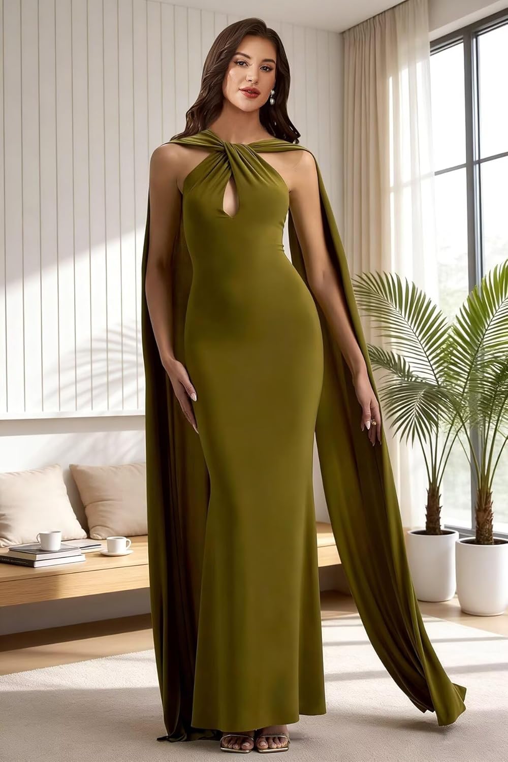 Women's Criss Cross Neck Bridesmaid Dresses Mermaid Backless Long Satin Prom Dress with Cape