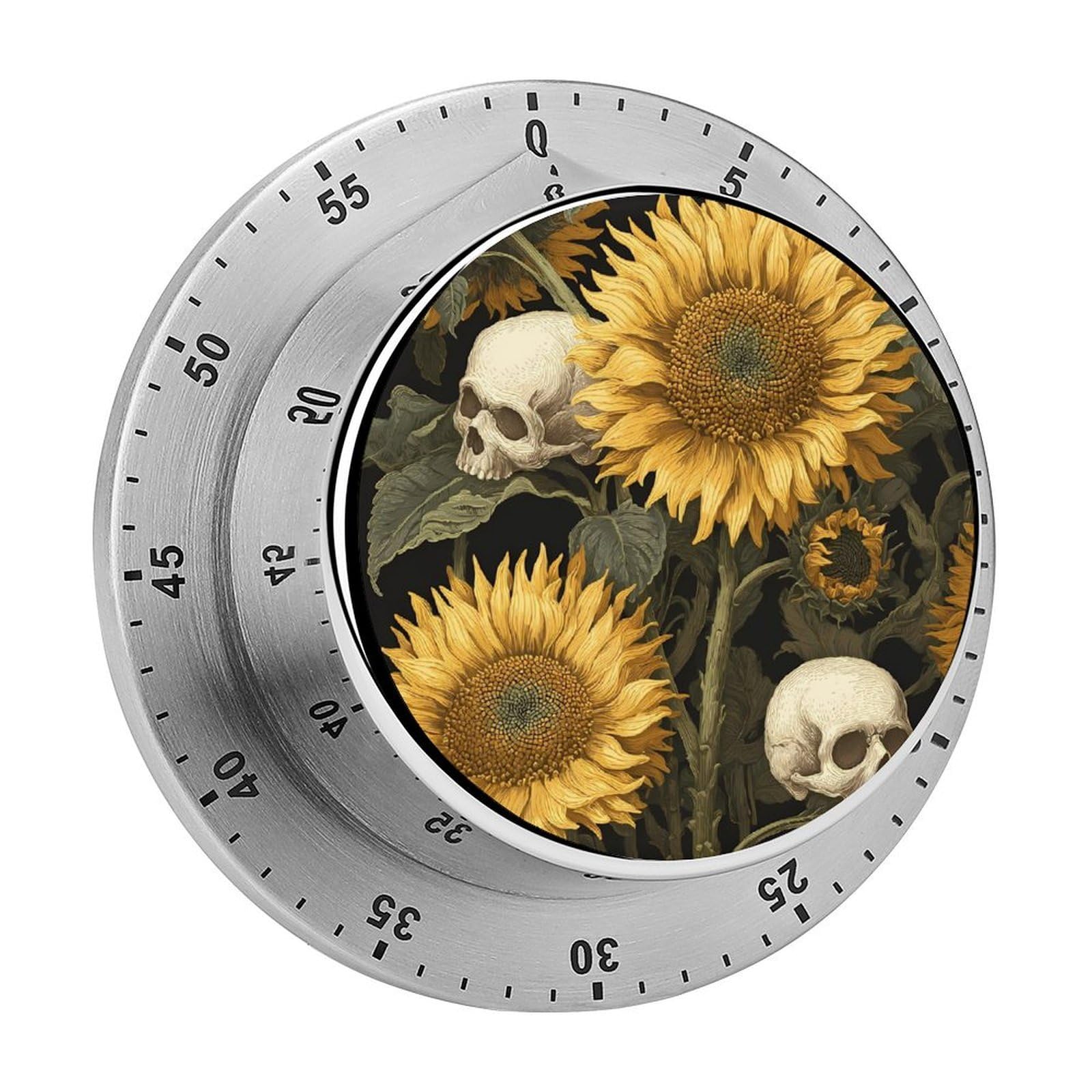 Sunflowers with Skulls Mechanical Timer with Alarm for Kitchen Cooking Productivity Stainless Steel Timers