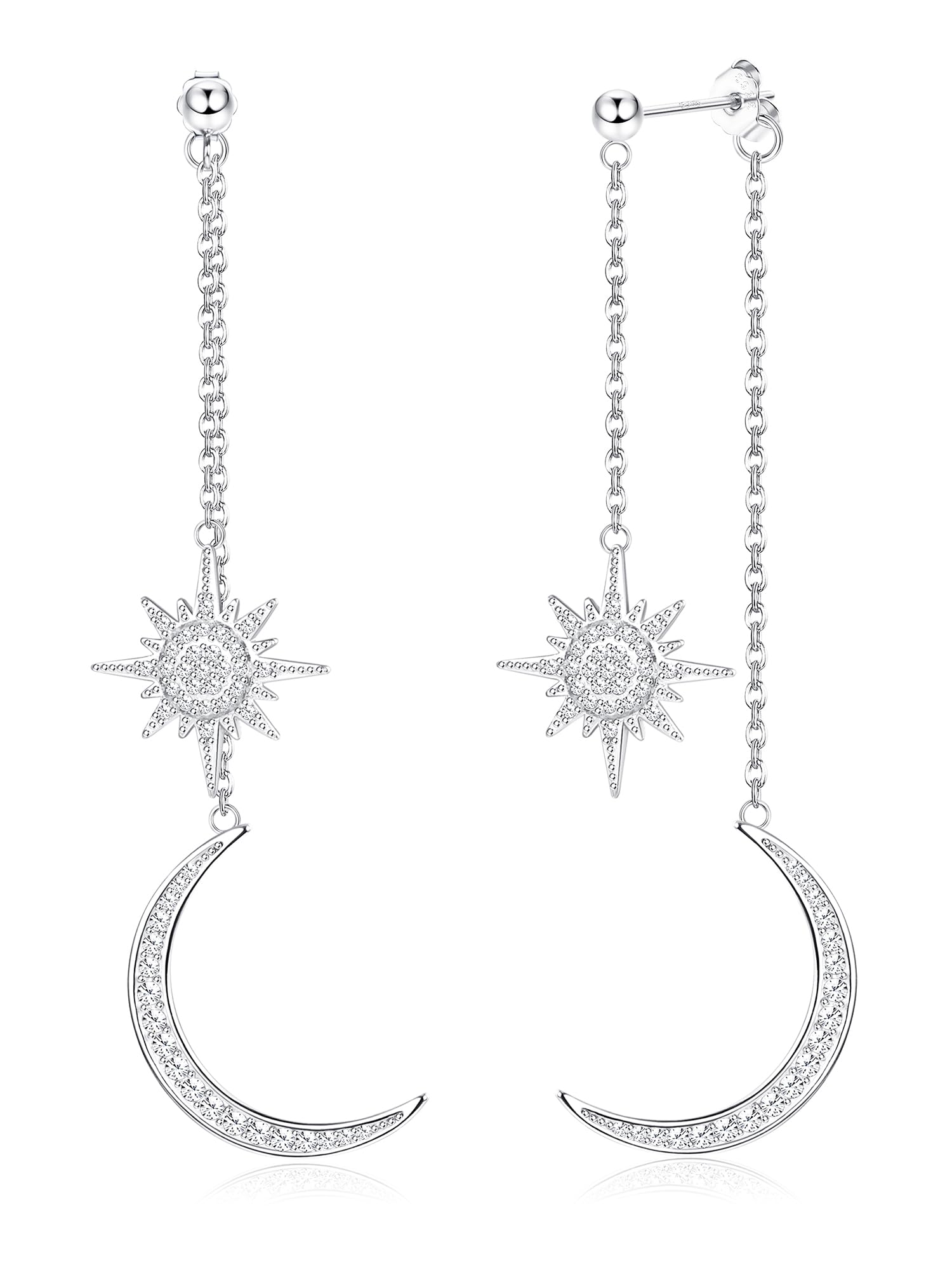 MILACOLATO Pendientes Colgantes Para Mujer Plata De Ley 925 Zirconia Luna y Estrella Aros Colgantes Hipoalergénicos, Delicada Cadena Larga Luna Estrella Aretes Pendientes Bisuteria Regalo De Joyería