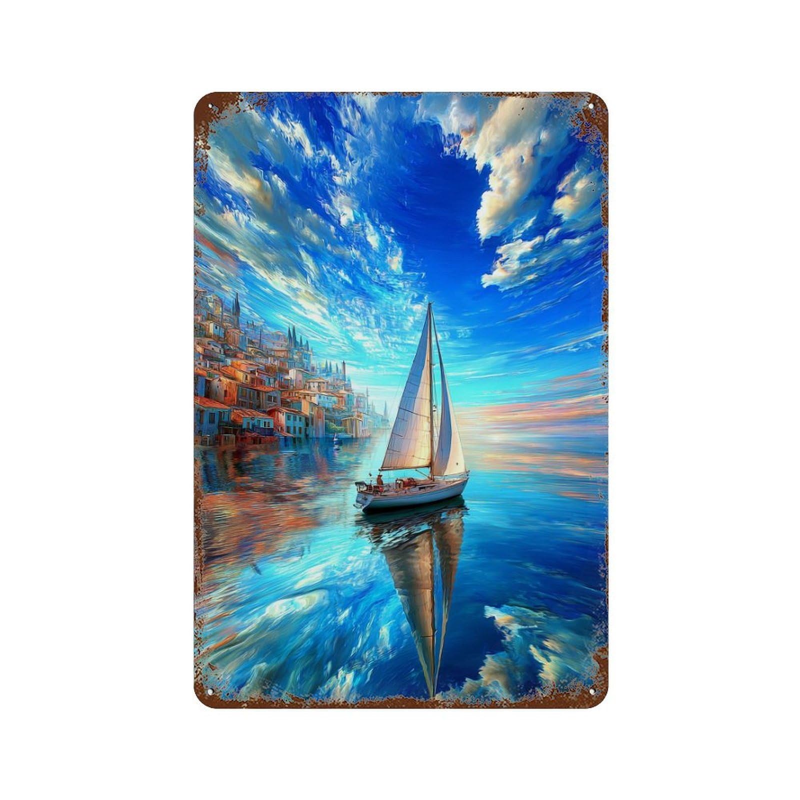 Sailboat Reflection Coastal Scene Distressed Metal Wall Sign 11.8"x7.9", Rustic Home Decor for Living Room, Hallway And Home Decor