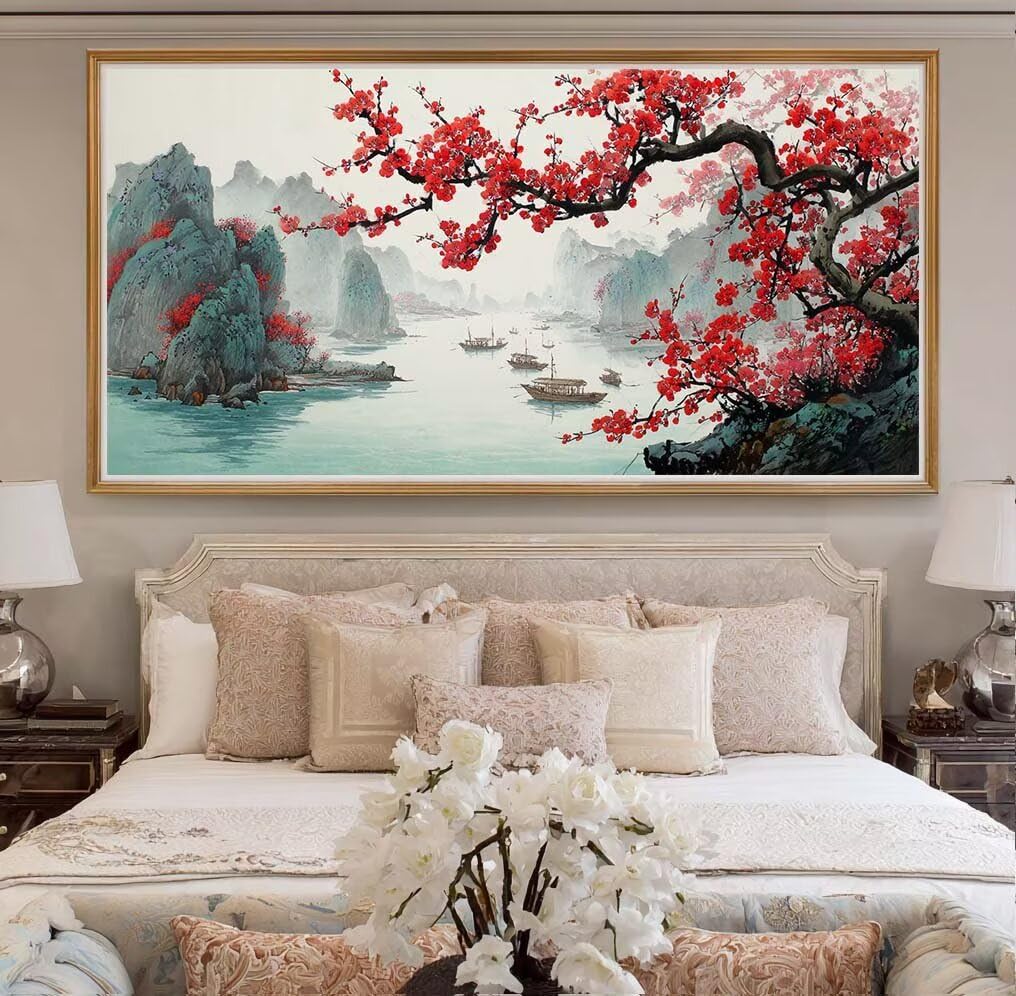 Malarstwo diamentowe dla dorosłych, duży, XXL, 80 x 160 cm, 5D, obraz do malowania diamentami, naturalny krajobraz, prostokątne kamienie, czerwone kwiaty, sztuka diamentowa, do domu, na ścianę (DP380)