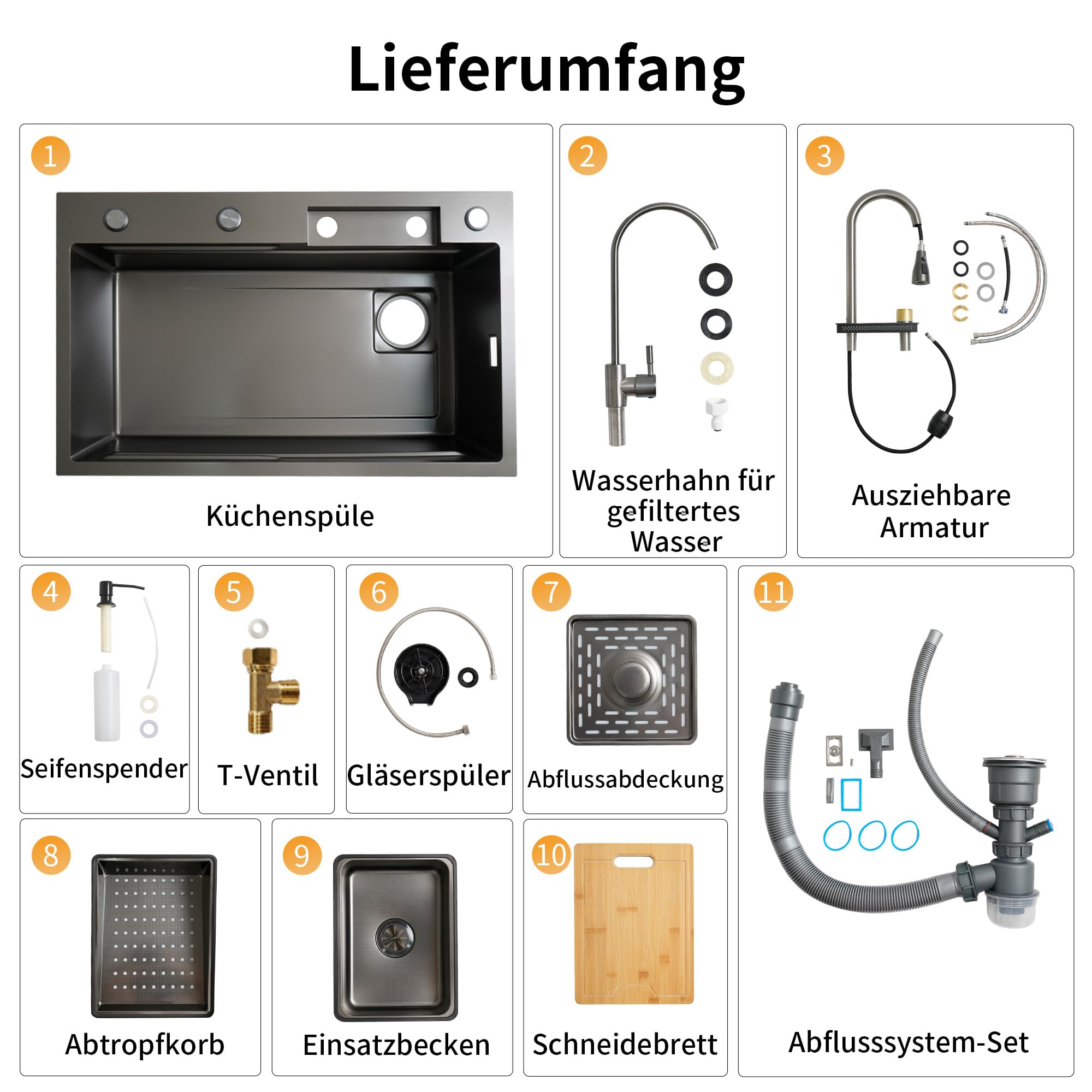 DeerValley Edelstahlspüle, Multifunktionsspüle aus Edelstahl 304 mit ausziehbarem Wasserhahn, Hochdruck-Glasreiniger, Wasserfall, Seifenspender und Arbeitsschiene für Küche - Dunkelgrau