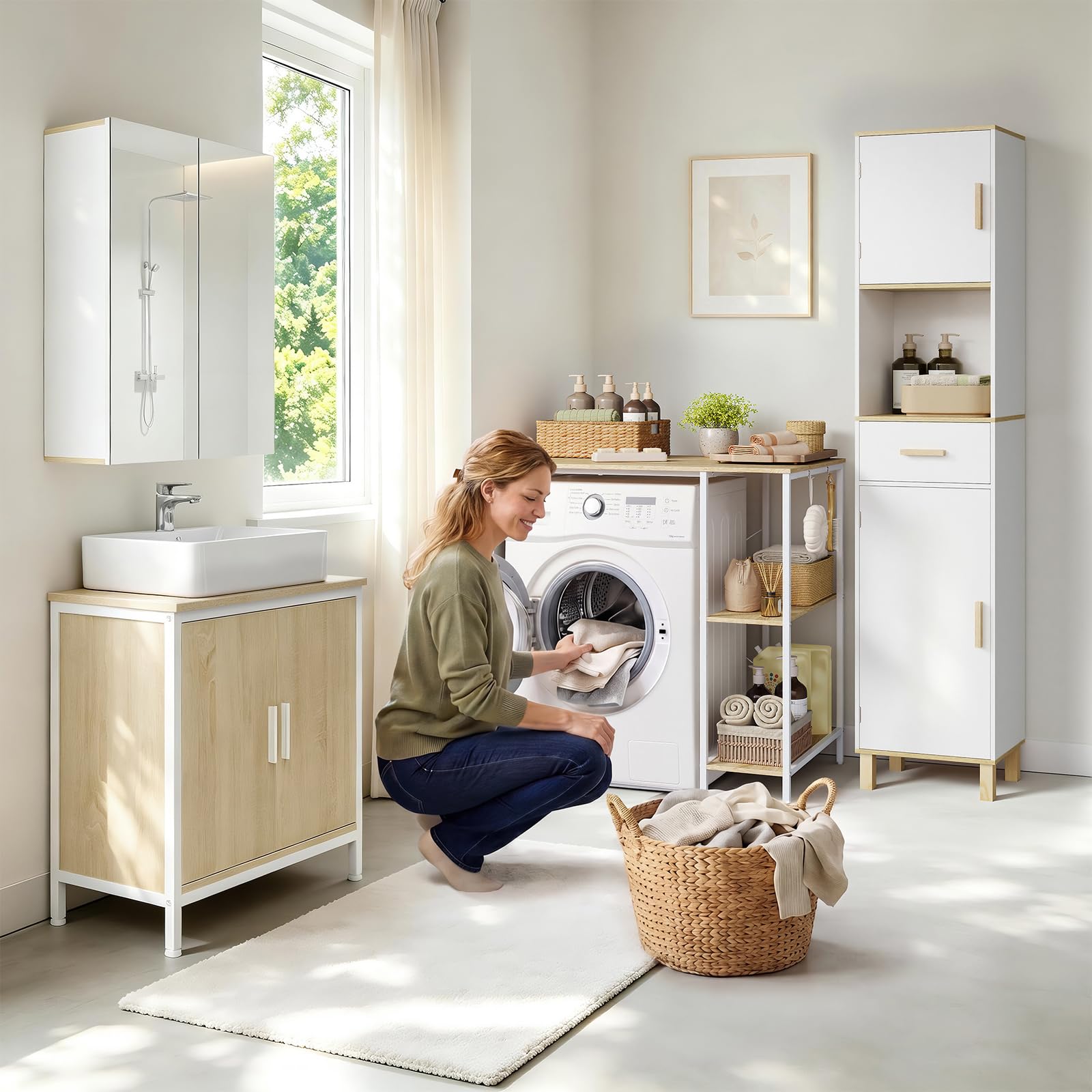 EUGAD Meuble Lave-Linge 2 Étagères Réglables Latérales 90x60x91 Blanc+Chêne | 2 Étagères Réglables, Latérales