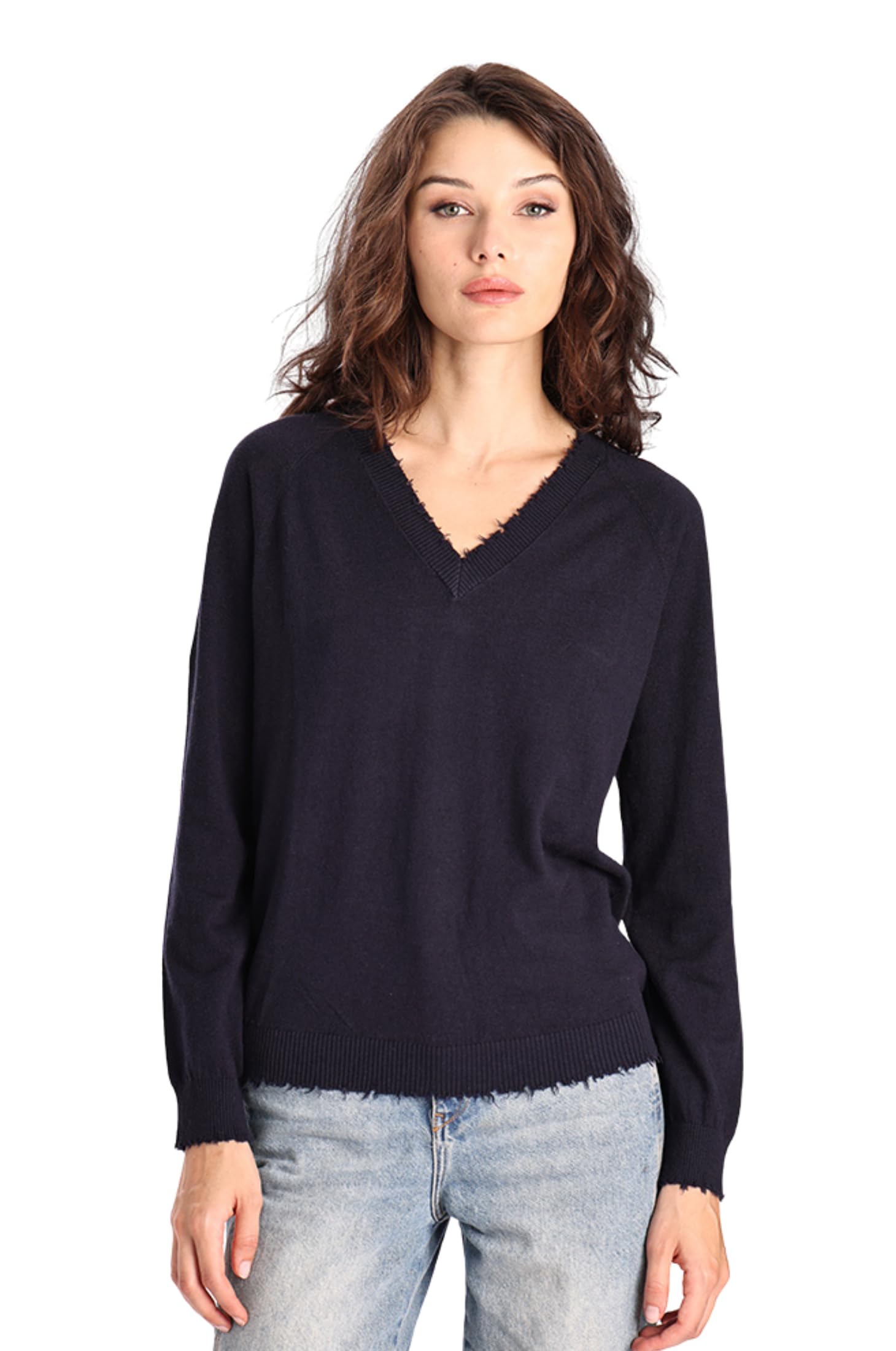 Minnie Rose Womens Long Sleeve Cotton Cashmere Frayed Edge V-Neck Sweater