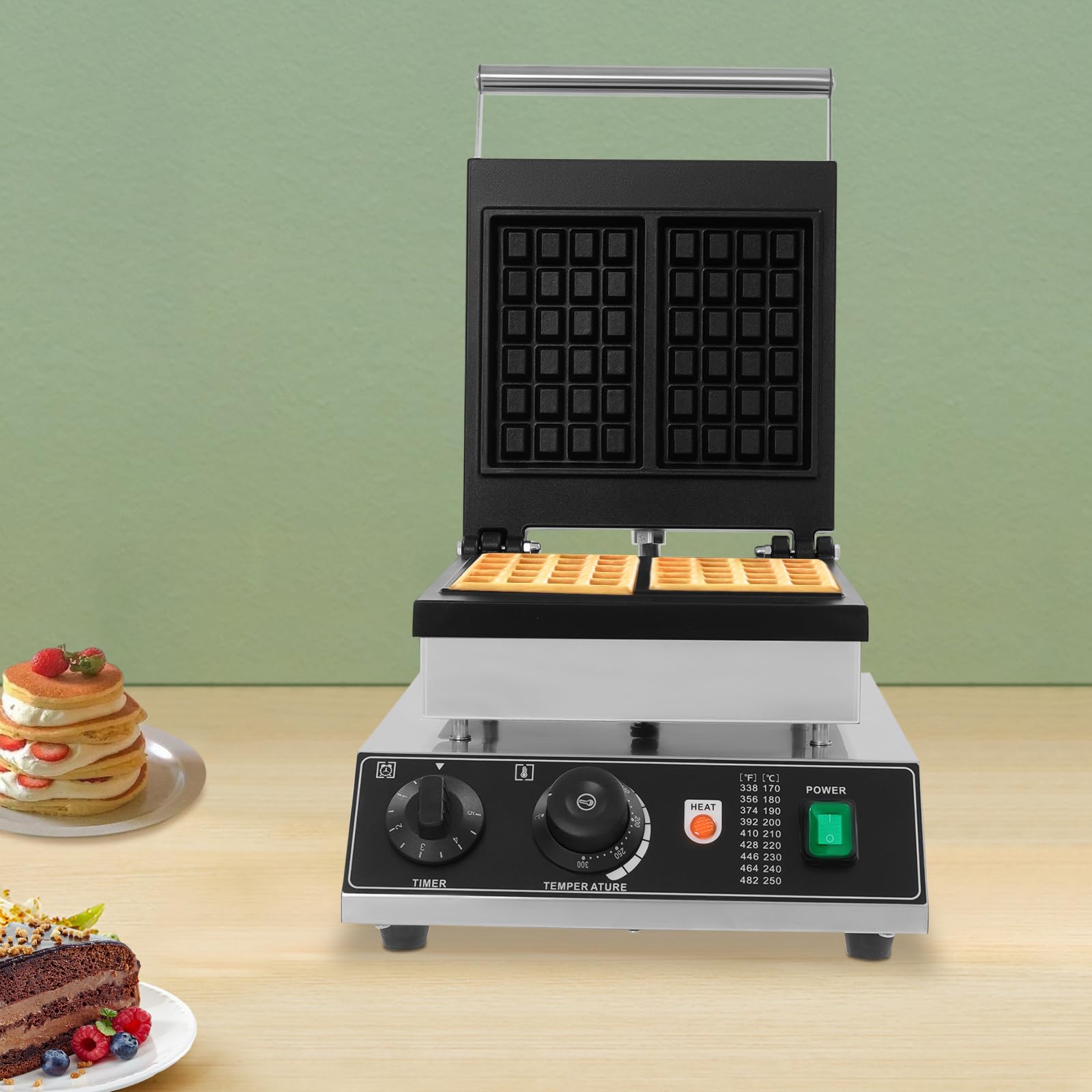 gofrera profesional de 2000 W, 2 gofres de gran formato | Máquina de gofres antiadherente con control de temperatura y duración ajustable para cocina y desayuno