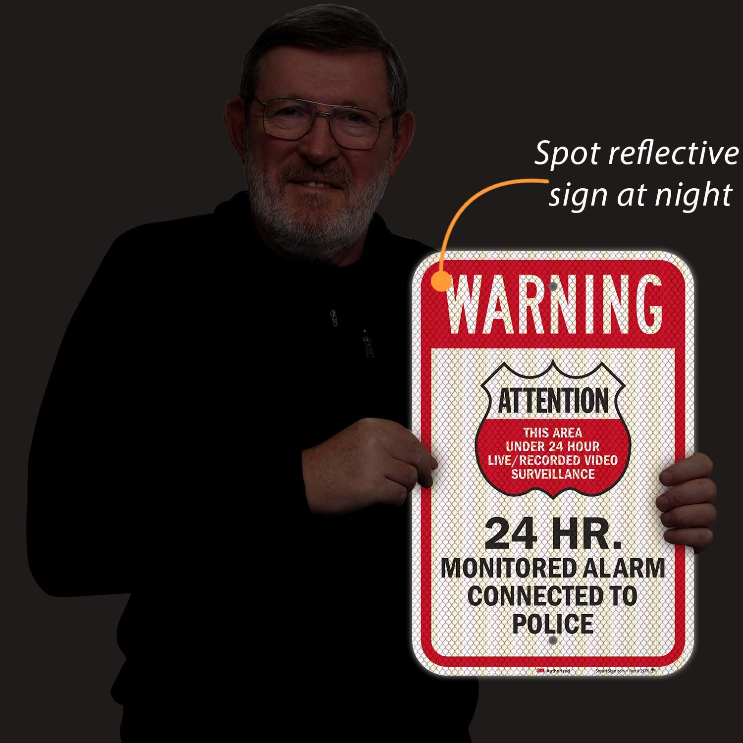 SmartSign 3M Señal reflectante de alta intensidad, leyenda "Warning: Attention 24 Hr. Monitored Alarm", 18 pulgadas de alto x 12 pulgadas de ancho, negro/rojo sobre blanco