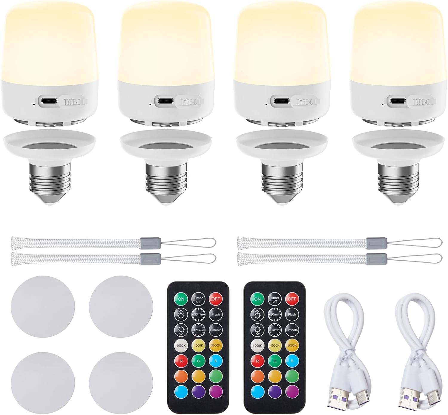 Minetom E26 Rechargeable Light Bulbs with Remote and Timer, Battery Backup Bulb with 12 Colors and Brightness Dimmable, 2300mAh 40W Equivalent LED Light Bulbs for Lamps Sconces Camping, 4 Pack