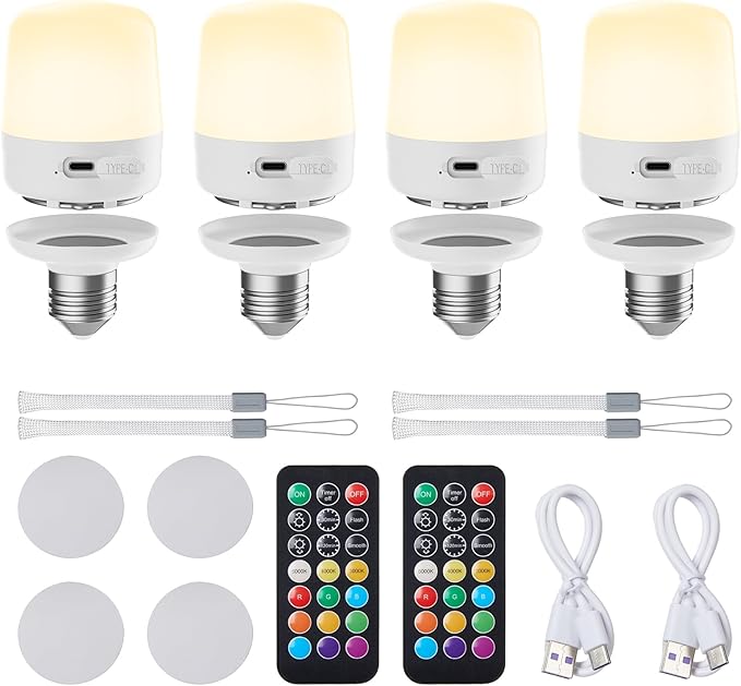 Minetom E26 Rechargeable Light Bulbs with Remote and Timer, Battery Backup Bulb with 12 Colors and Brightness Dimmable, 2300mAh 40W Equivalent LED Light Bulbs for Lamps Sconces Camping, 4 Pack
