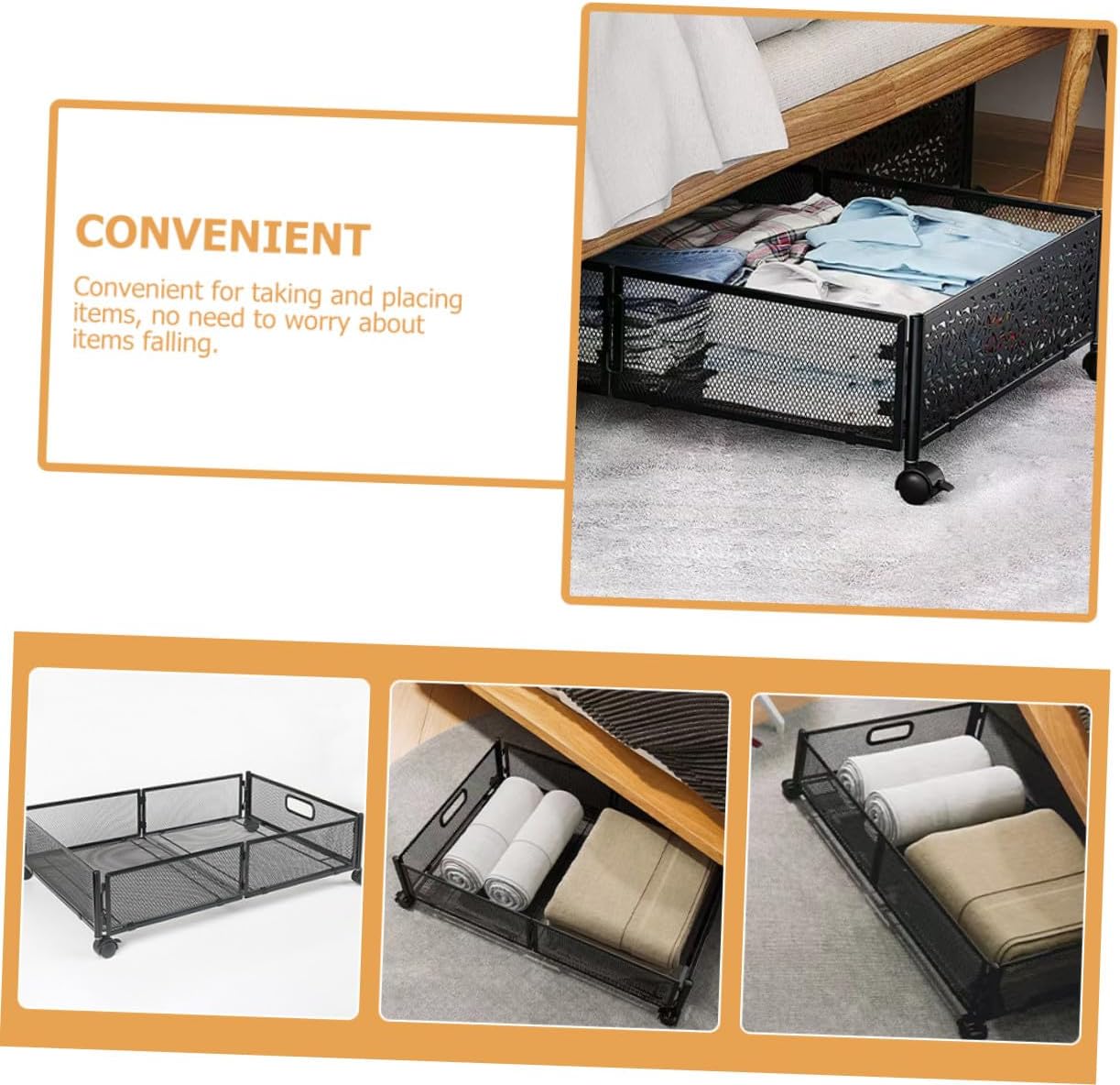 PRETYZOOM Foldable Under Bed Storage Organizer with Stainless Steel Rolling Containers for Clothes Shoes Blankets Multi-purpose Space Saver for Bedroom and Sofa Large Capacity with Smooth
