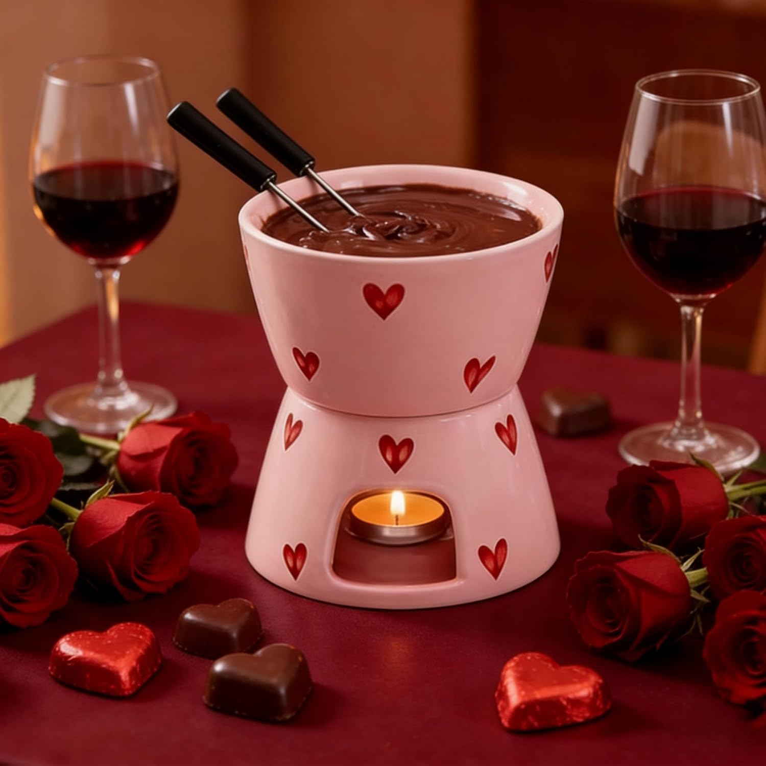Sweet Cheese Fondue Cup with 2 Dipping Forks, Pink Love
