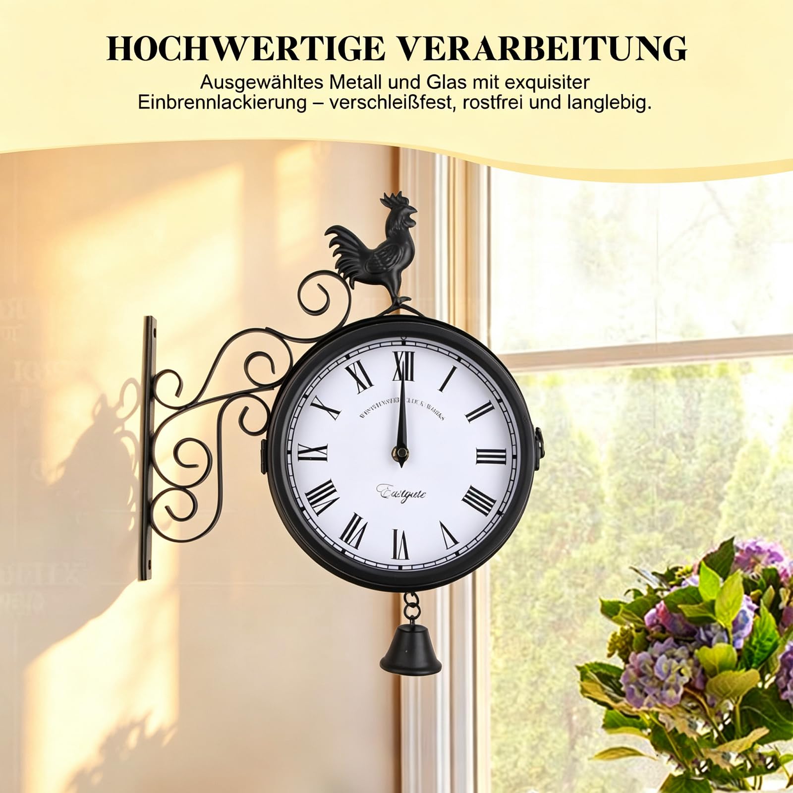 Bahnhofsuhr Doppelseitig, 20cm Zifferblatts Retro Wandmontage Gartenuhr, Analoge Wanduhr mit Leises Uhrwerk, 30 x 37 cm für Garten, Bahnhof, Schlafzimmer, Wohnzimmer, Büro