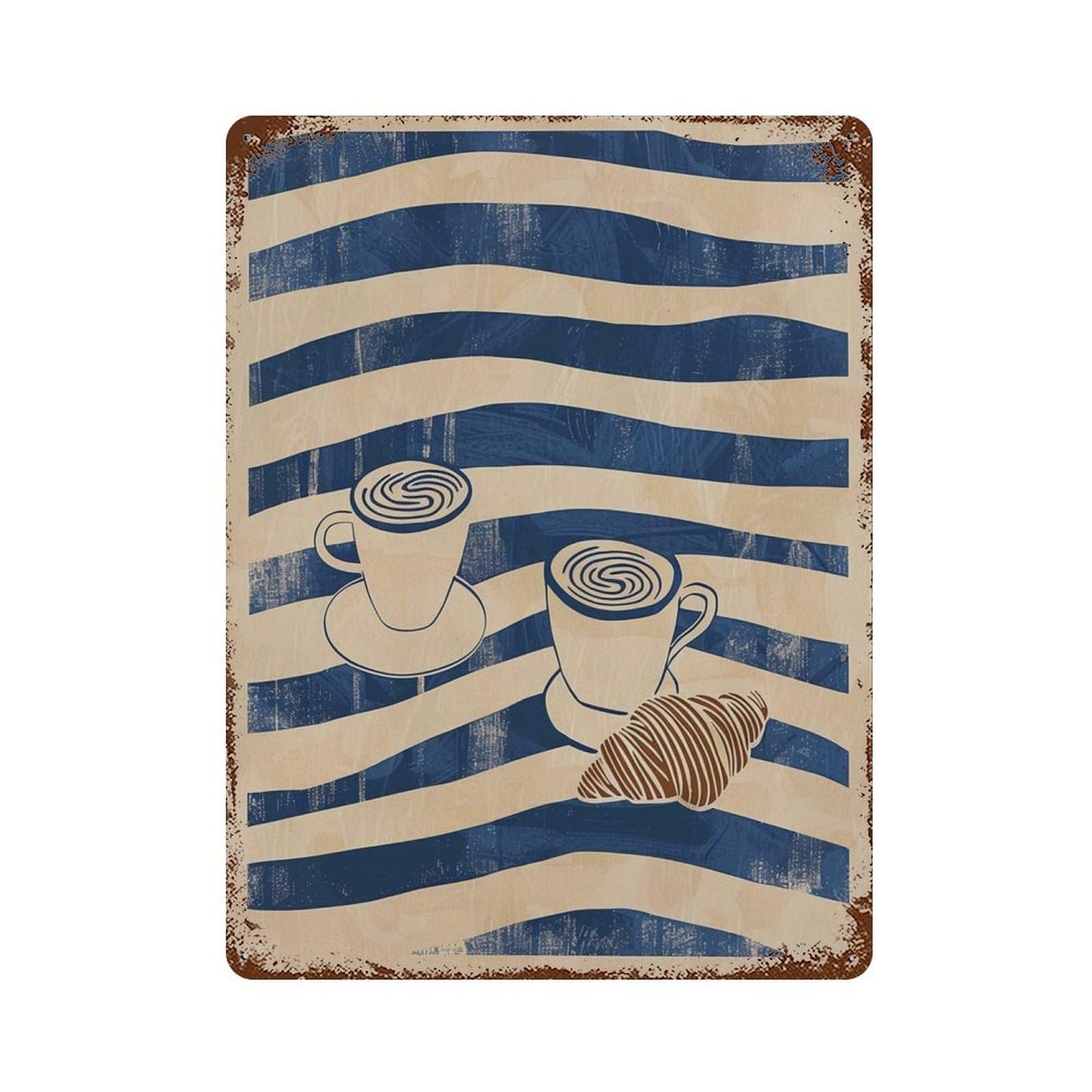 xiaoxiaoshen Coffee Croissant Modern Abstract Kitchen Blue Beige Cafe Minimalist Shop Work Fo Wall Decor Art Metal Tin Poster Modern Home Decor Art Home Bar Shop Decorations Vintage Sign 40x30cm