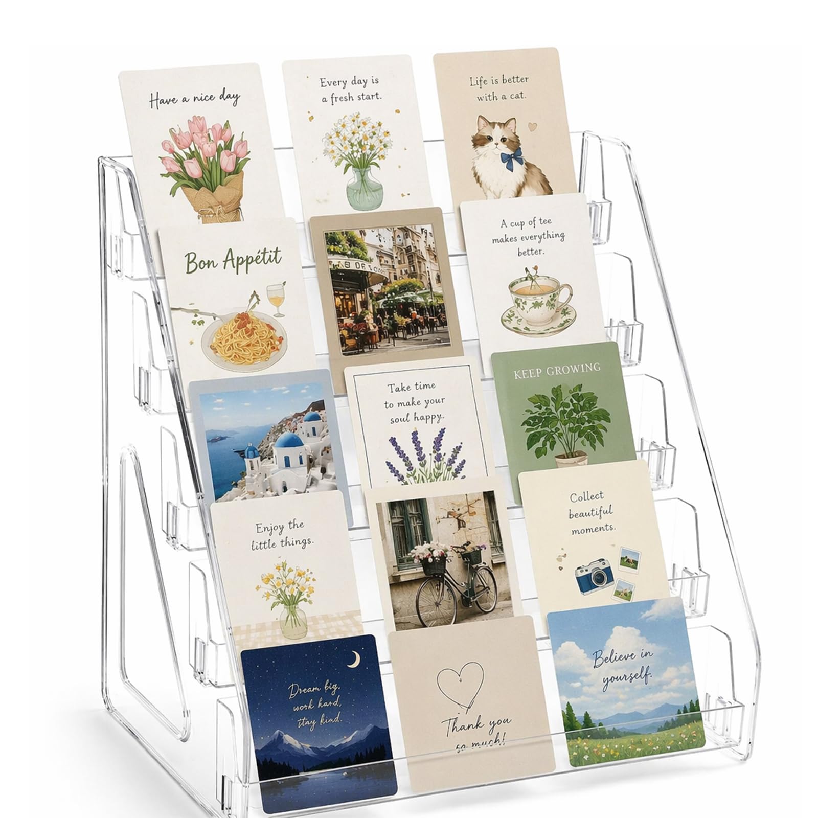 Kemay 5 Tier Acrylic Trading Card Display Stand- Clear Greeting Card Rack and Postcard Holder-Tiered Vertical Shelf for Sports Graded Cards, , Stickers and Desk Organisation-Tool-Free Snap-On Assembly
