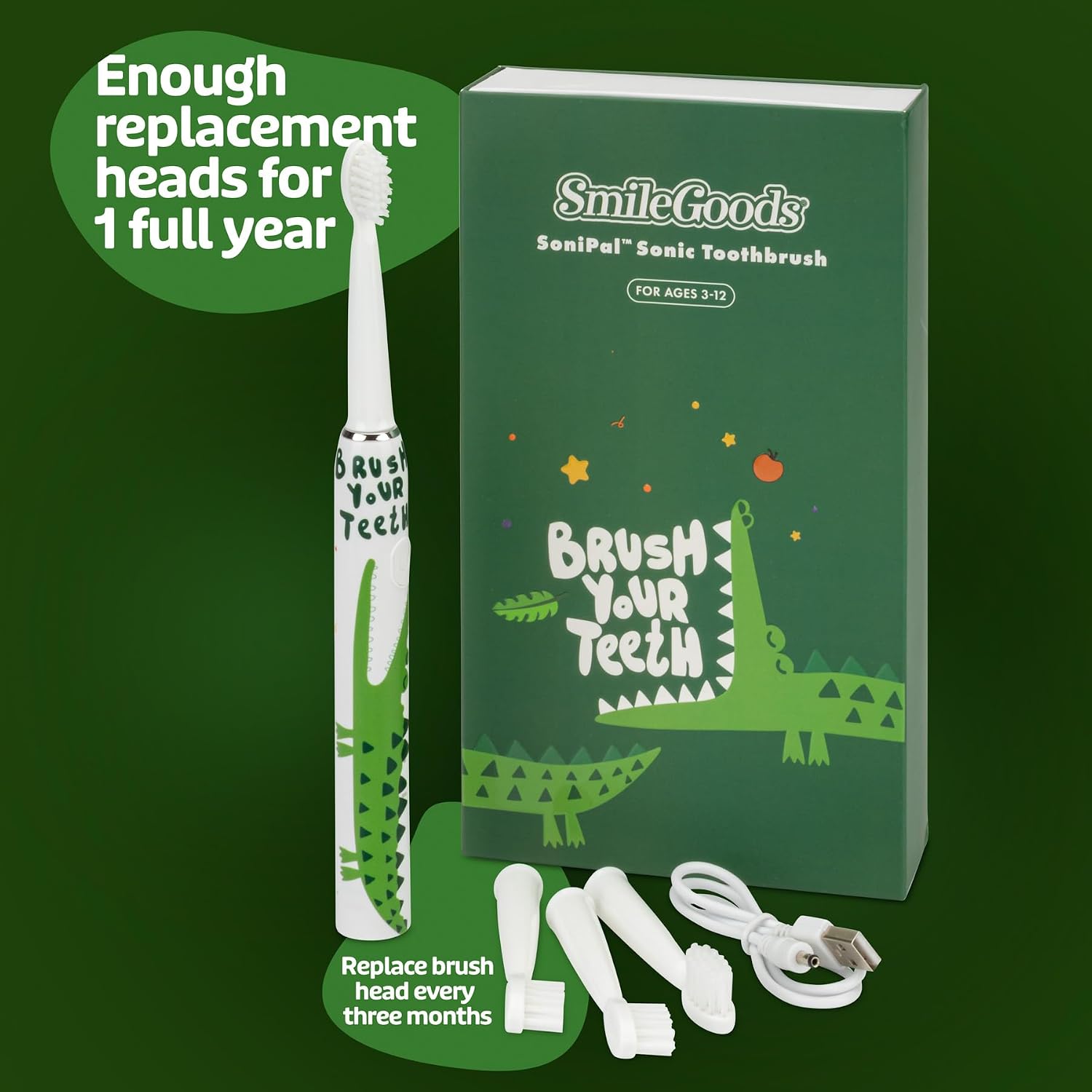 Practicon SmileGoods SoniPal Alligator Sonic Kids Toothbrush, Rechargeable Kids Electric Toothbrush with 3 Power Modes & 4 Brush Heads
