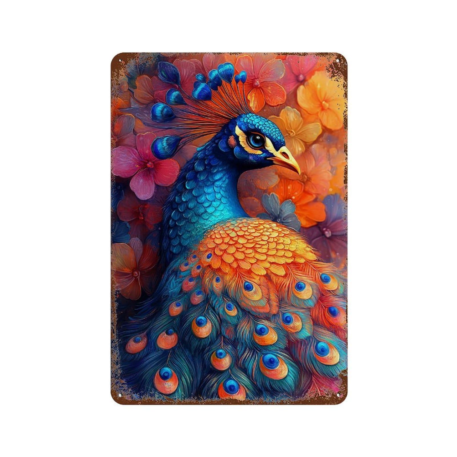 Peacock in Bloom Rust Effect Tin Sign 11.8"x7.9", Industrial Home Decor for Garage, Pub Or Kitchen