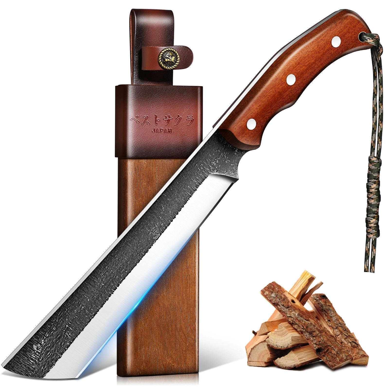 Purple Dragon Machete Outdoor Messer – Hochgekohlter Stahl 6 mm Dick Klinge Full Tang, Bushcraft Survivalmesser mit Vintage Holzscheide und Ergonomischem Holzgriff, Geschenk für Männer