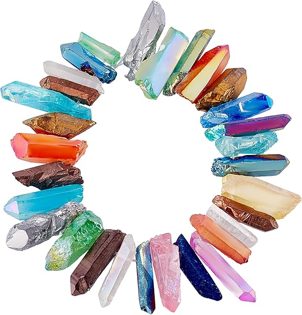 OLYCRAFT 25~26pcs Quartz Crystal Bead Yoga Amulet Chakra Set Tumbled Stones Polished Tumbled Stones Bulk Quartz Crystal Sticks Spikes Irregular Rough Crystal Point Strands for Jewelry Making