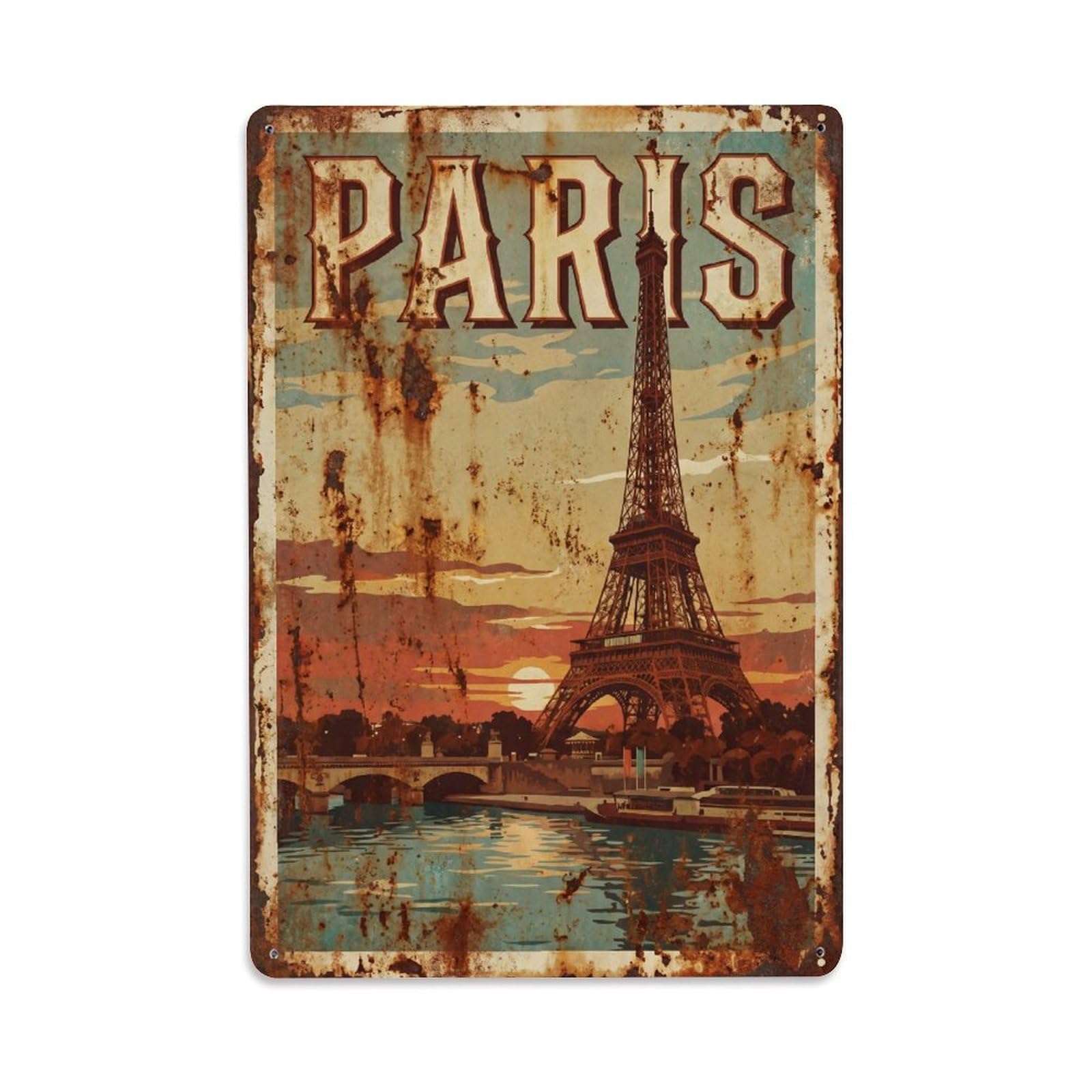 Vintage Travel Paris Eiffel Tower Sunset Rusted France Metal Tin Sign Plaque Wall Decor for Cafe, Club Bar, Office, Home Garden Metal Poster 8x12Inch