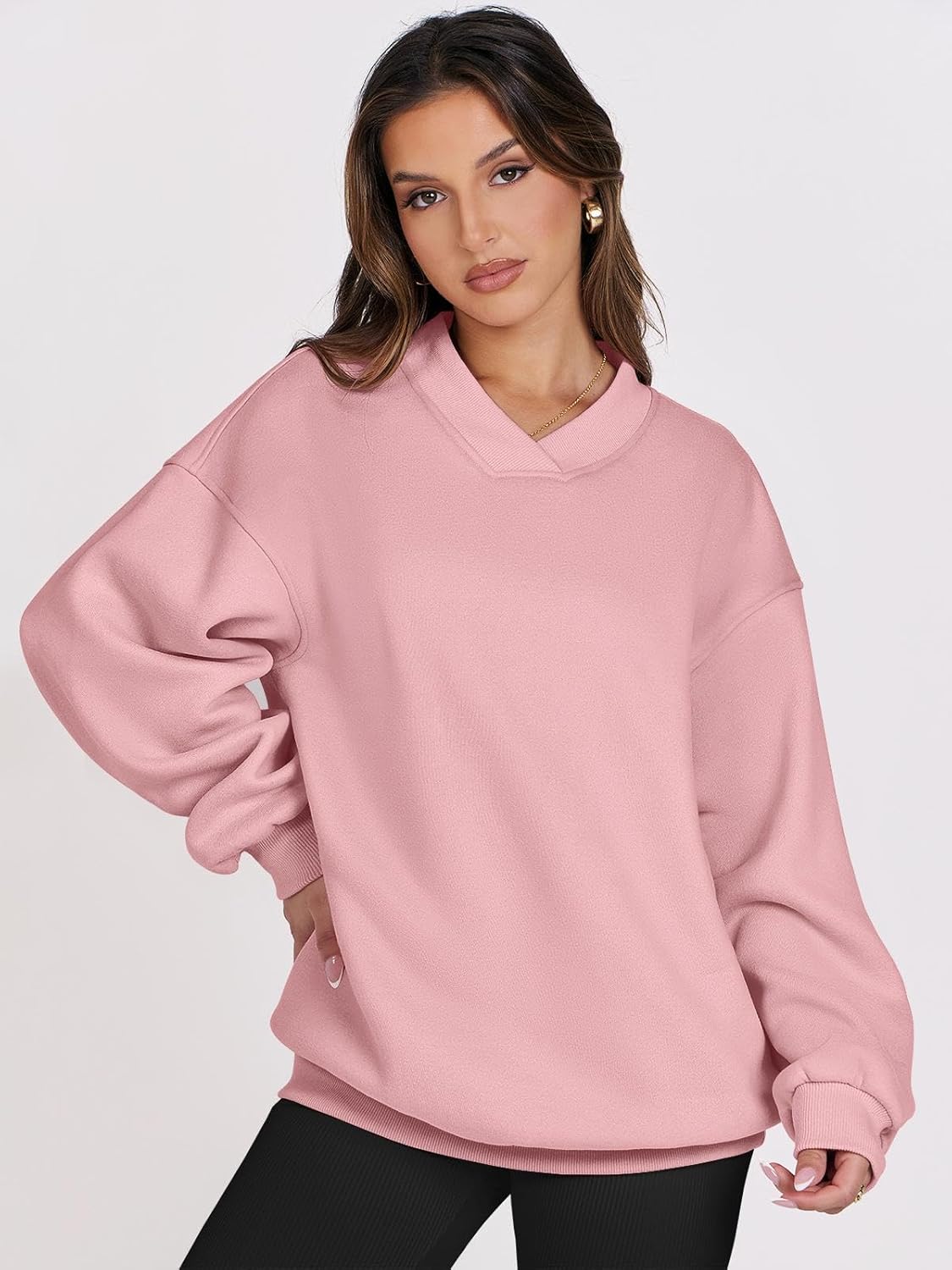 ANRABESS Womens Oversized V Neck Sweatshirt Fleece Long Sleeve Hoodies Pullover Comfy Top 2026 Outfits Teen Preppy Clothes - Image 3