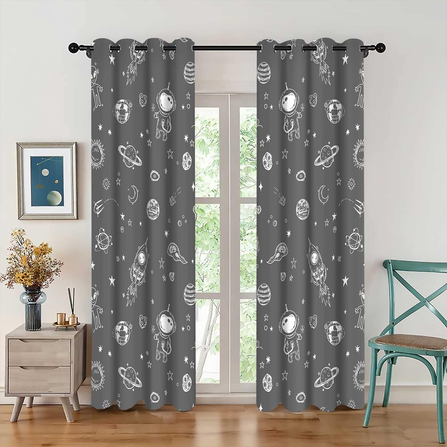 Galaxy Outer Space Curtains for Kids Bedroom Cosmic Planet Star Rocket Astronaut Pattern Gray Blackout Curtains Cartoon Theme Window Treatments for Boys Playroom Living Room 2 Panels CLZYMS91