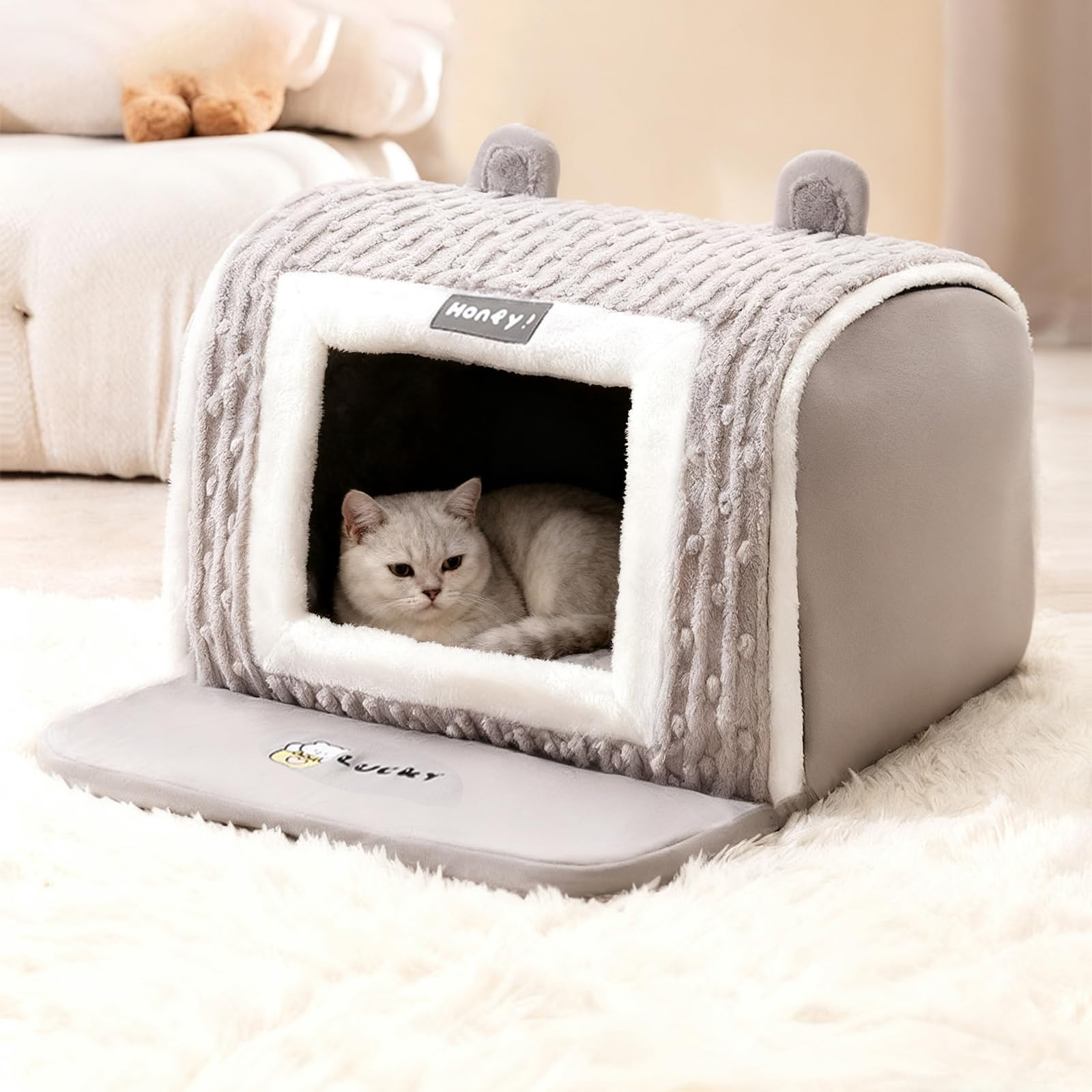 PETCUTE Cat Cave Bed Igloo, Cozy Cat Tent House Igloo with Cute Ears,Foldable Pet House with Removable Washable Pillow Cushion,Non-slip Bottom,for Kitten and Small Cats or Dogs Animals,Gray,M