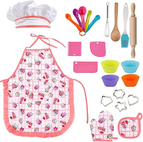 Juego real de cocina y horneado para niños - 24 piezas, conjunto de disfraz de chef para niños, incluye delantal de pastel, gorro de chef, manopla