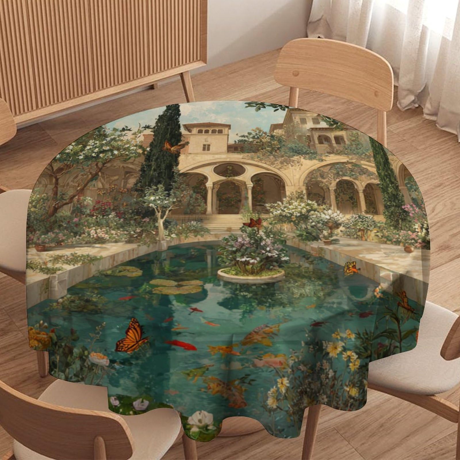 LUYYSKY Beautiful Fantasy Antique Garden Waterproof Round Tablecloth Colorful Vintage Spring Castle Garden Animal Butterfly Flowers Washable Table Cover for Kitchen-91.4" Wx91.4 L cm