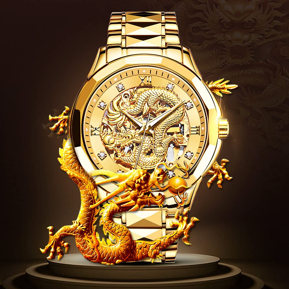 Men's Watch Automatic Mechanical Hollow Dragon Watch Luxury Formal Gold Diamond 50M Waterproof Tungsten Steel Luminous Watch