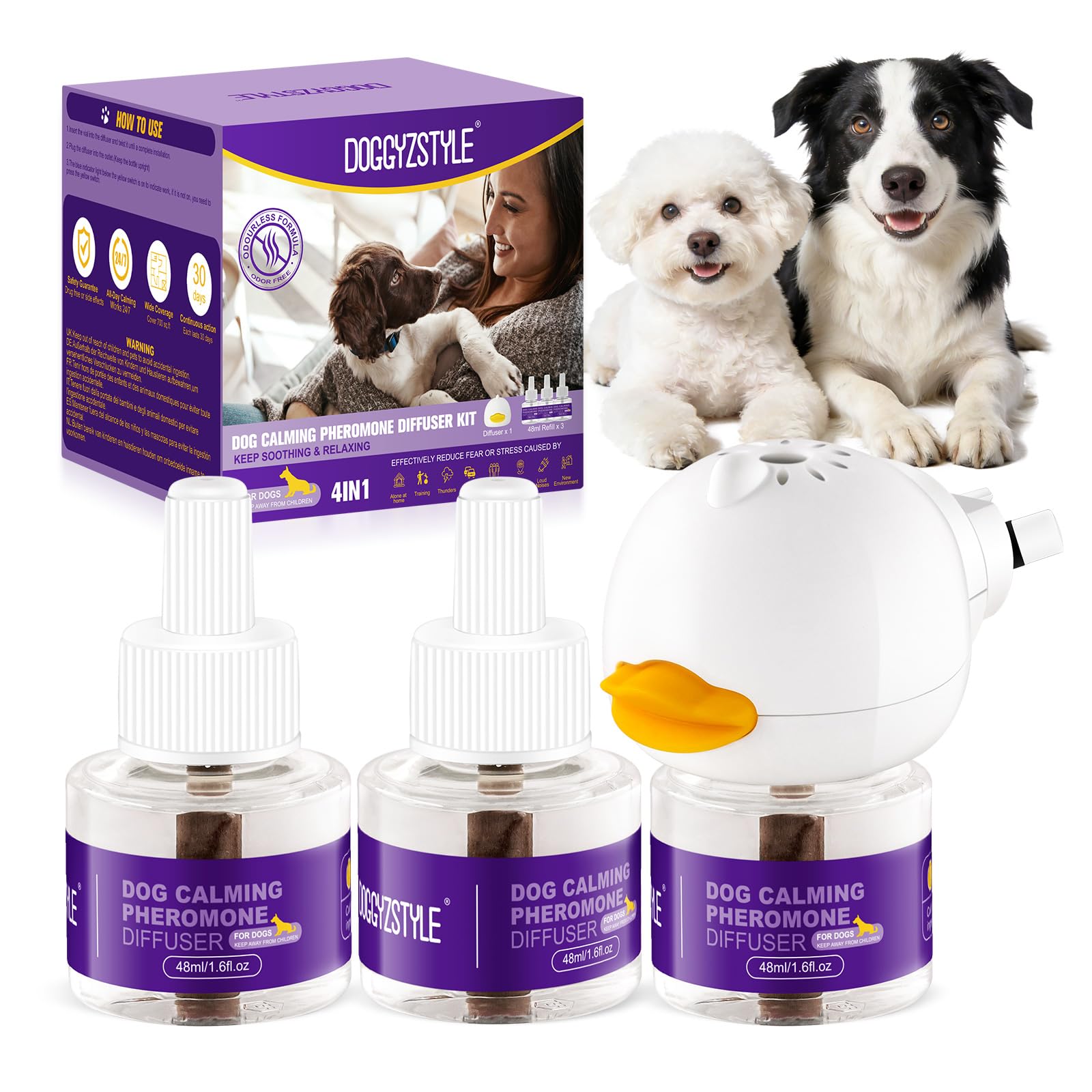 Diffuseur De Phéromones Apaisantes pour Chiens,Soulagement Naturel De L'Anxiété chez Les Chiens,Réduit Efficacement Le Stress Et L'Aboiement,Adapté À Toutes Les Races(3 Recharges+1 Diffuseur)