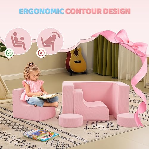 Miniatura 14 de JOYMOR Sofá modular para niños, sofá modular de pana para niños, sofá modular de espuma convertible adecuado para niños y niñas, color beige