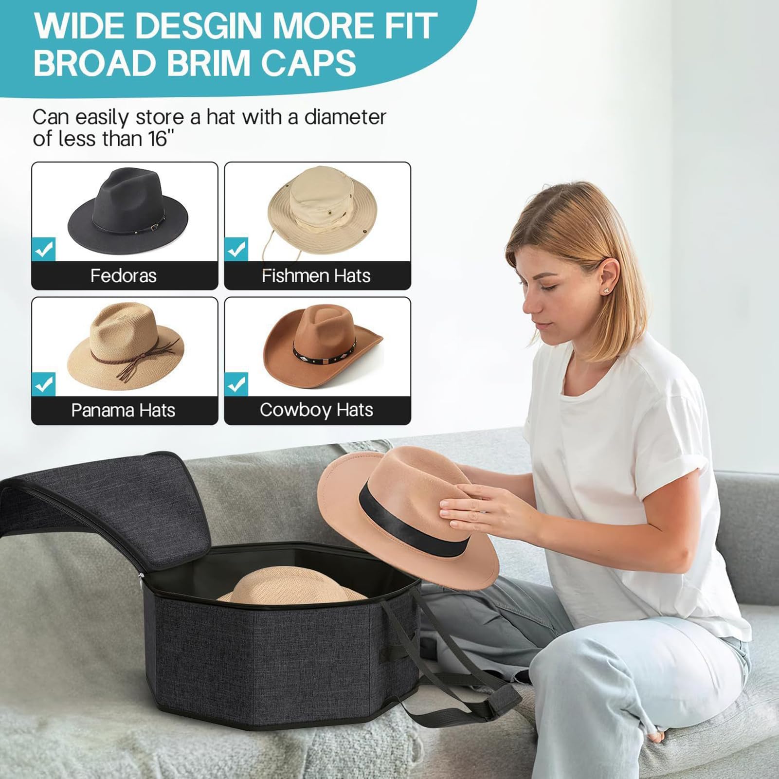 Scatola Porta Cappelli Pieghevole con Coperchio e Tracolla, Custodia da Viaggio per Cappelli da Cowboy e Baseball, Organizer Impilabile per Armadio (Nero,43 x 43 x 18 cm)