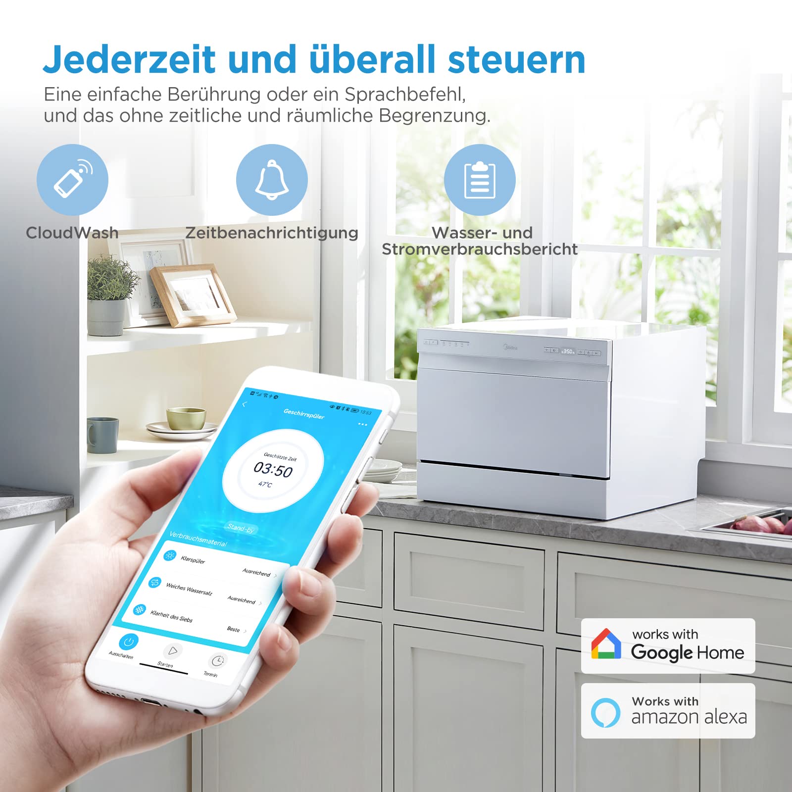 Midea Mini Geschirrspüler 6 Maßgedecke Tischgeschirrspüler EEK D 47 dB | AutoOpen, Extra Trocknen, Enthärtungssystem, WLAN App-Steuerung, Startverzögerung, Spülmaschine für kleine Wohnungen & Büro