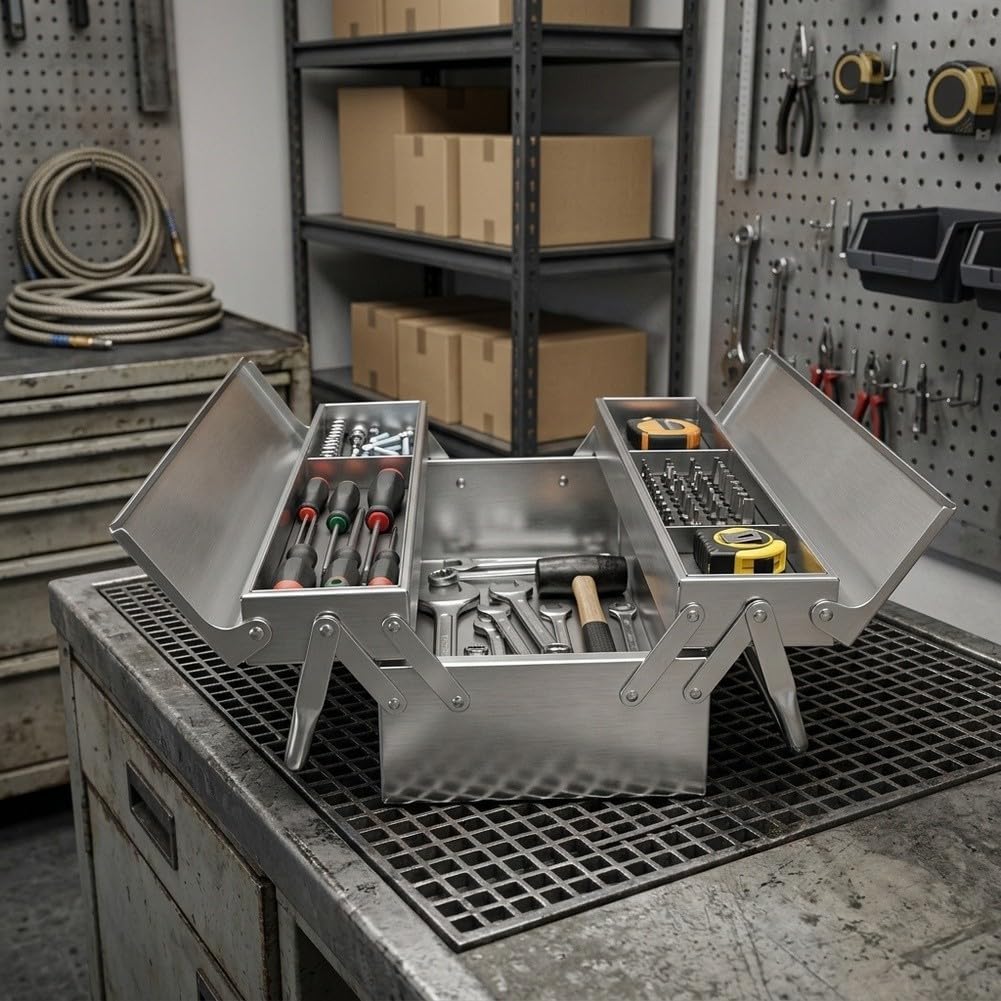 Cassetta degli attrezzi pieghevole a più livelli in acciaio inox, portautensili portatile per tecnici professionali, riparazioni domestiche e attrezzi da campeggio