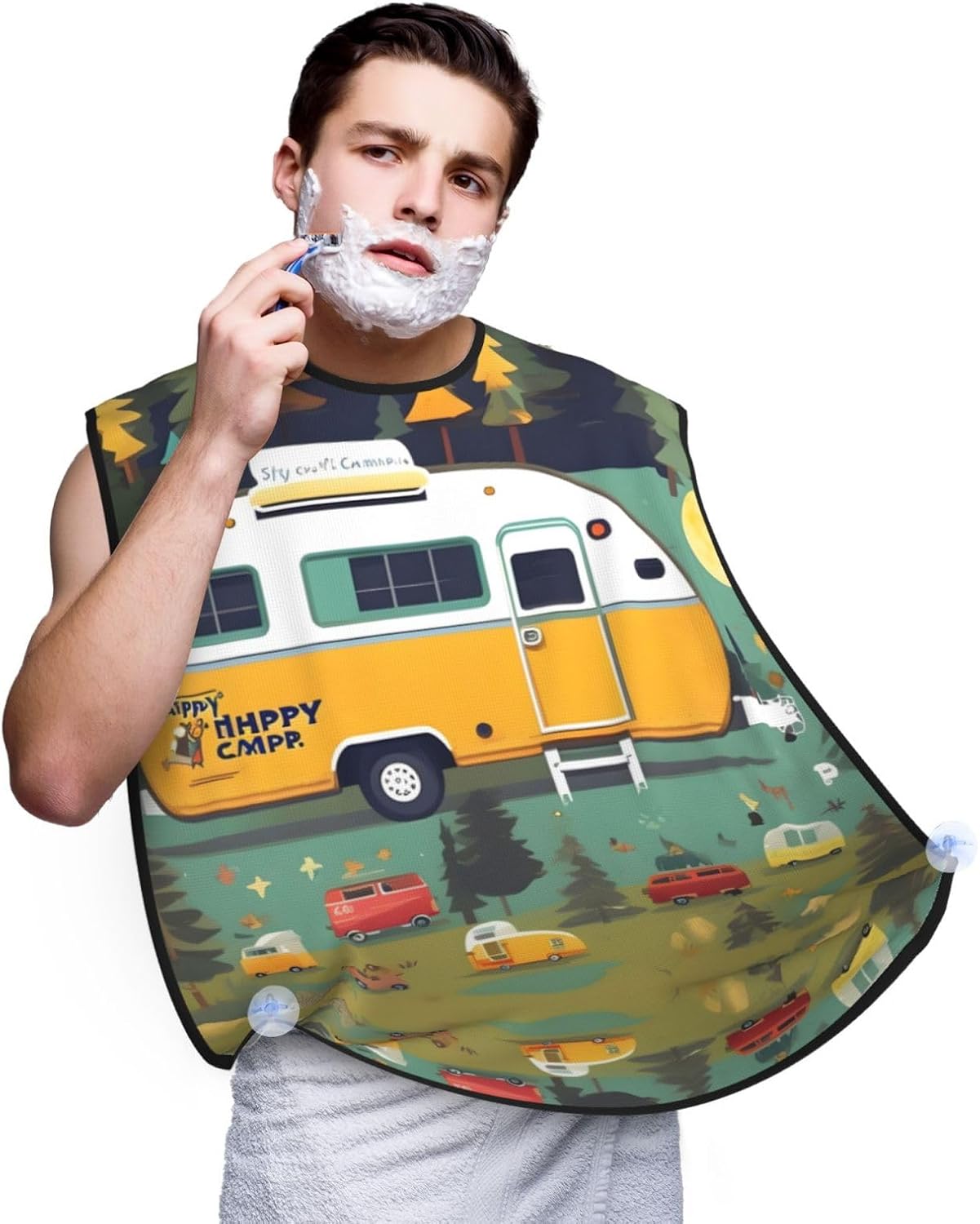 Happy Bus Camper Print Beard Bib Apron, Shaving Apron For Dad, Men'S Hair Catcher For Shaving Best Gifts For Dad