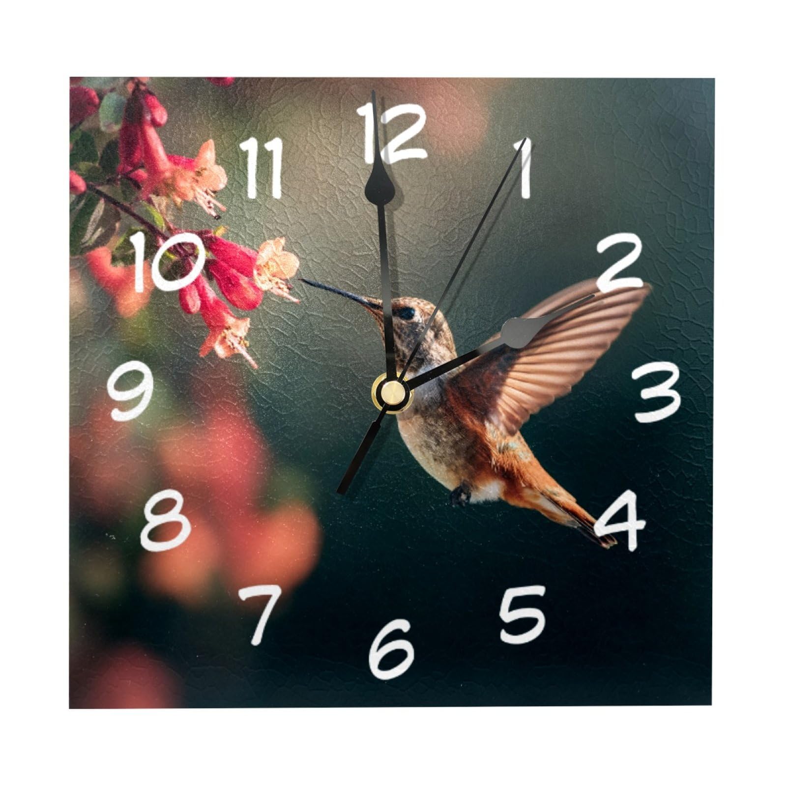 etoenbrc 8 Inch Square Wall Clock Silent Non-Ticking Hummingbird Flowers Clock Battery Operated, Wooden Clock Decorative for Kitchen, Living Room Bedroom Office