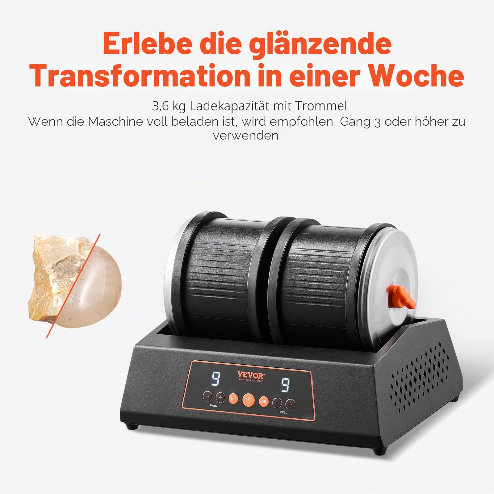 VEVOR Steinpoliermaschine Doppeltrommel-Steinpoliermaschine 9 Geschwindigkeitsstufen, 9-Tage-Poliertimer Steinpolierer Direktantriebsmotor 35 dB leiser Rotationspolierer schwarz