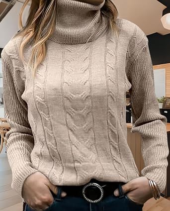 Cable Knit Sweater for Women Turtleneck Long Sleeve Fall Winter Business Warm Pullover Top Solid Color Casual Jumper