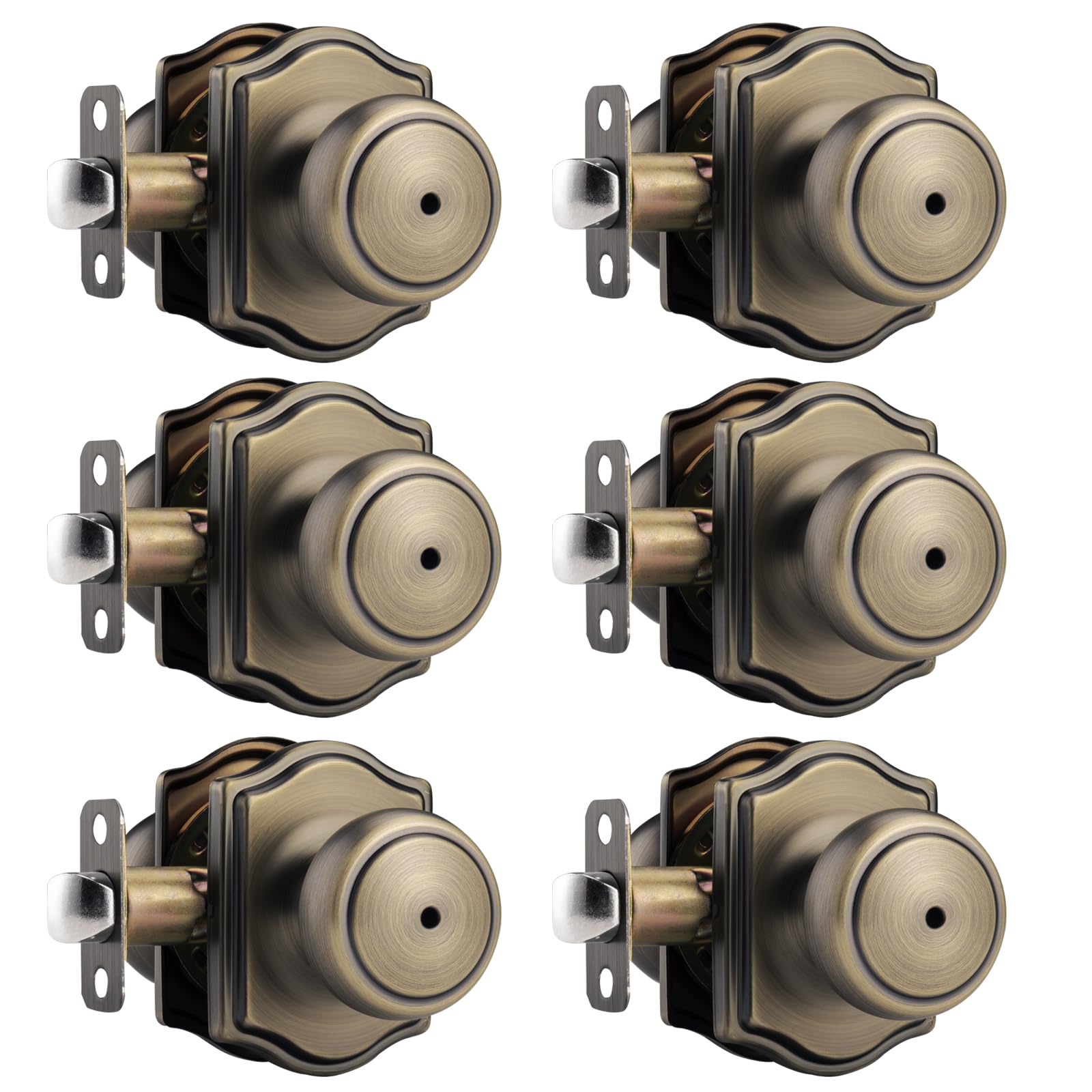 NCSEN 6 Pack Antique Brass Door Knobs with Camelot Trim,Interior Door Knob with Lock,Privacy Door knob for Bath and Bedroom