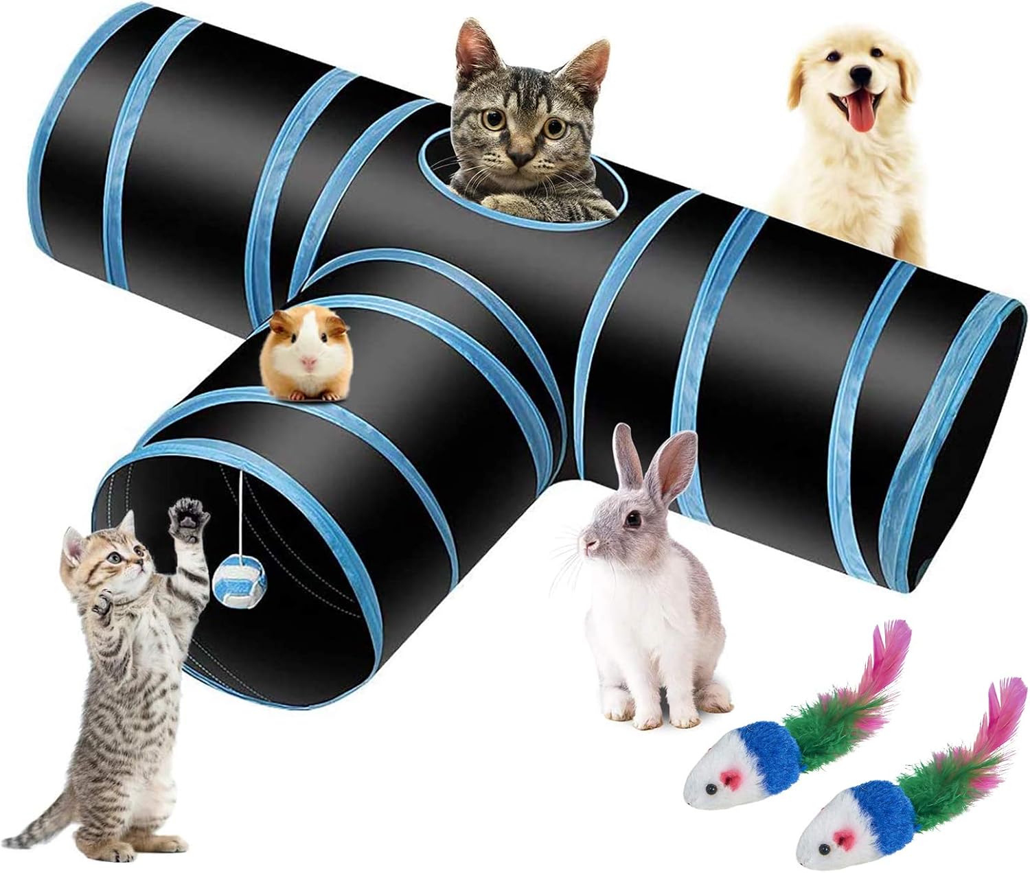 VETIN Cat Tunnel, Cat Tunnels for Indoor Cats, Tube Cat Toys 3 Way Collapsible, Kitty Tunnel with 2 Interactive Cat Pet Toys Peek Hole…