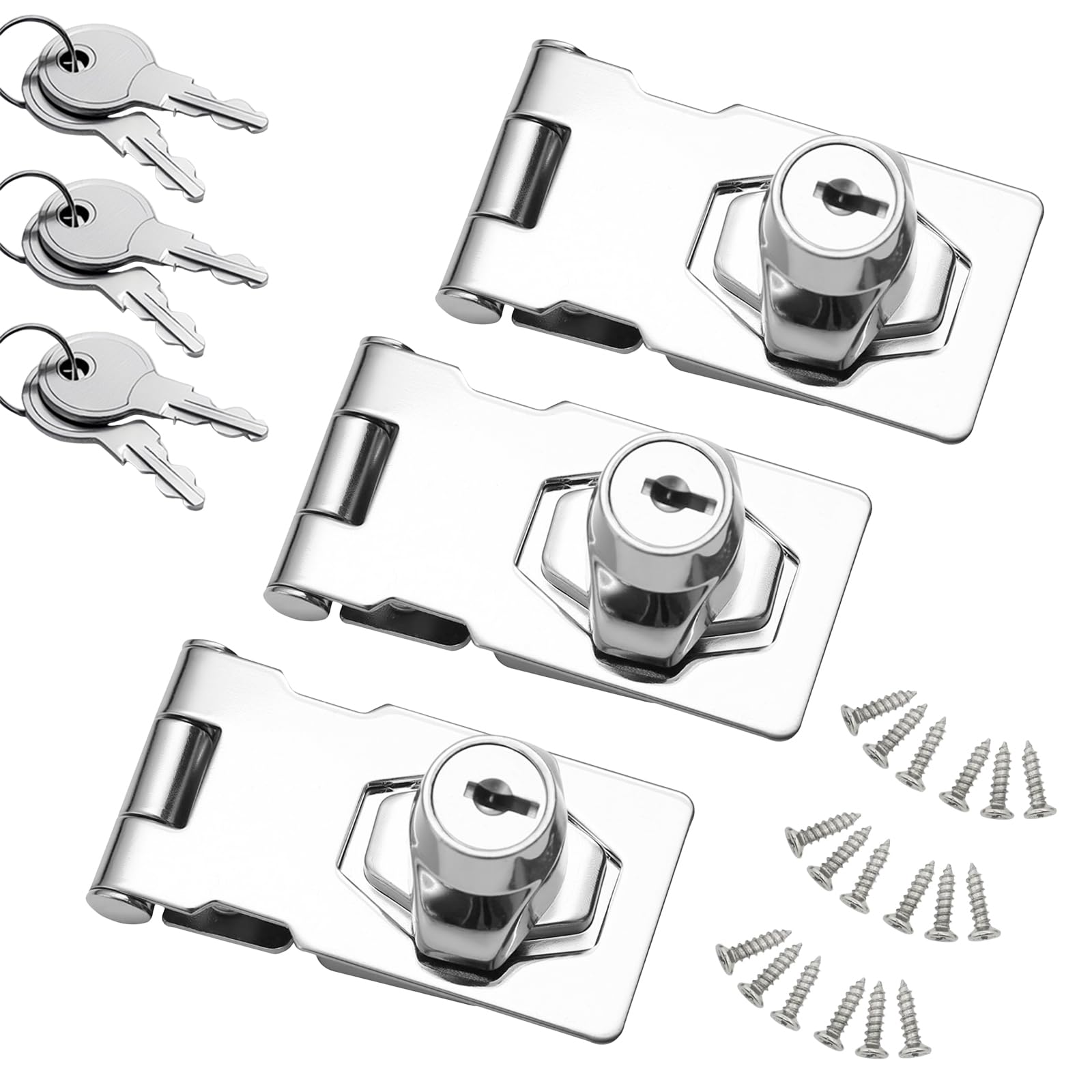 Bjhyiz Sliver 3Pcs Keyed Hasp Lock, Heavy Duty Twist Knob Keyed Lock Hasp 2.5Inch Latch Buckle Hasps With 6 Keys 18 Screws Safety Door Clasp With Padlock Gate Locks For Cupboard Drawer(Silver)