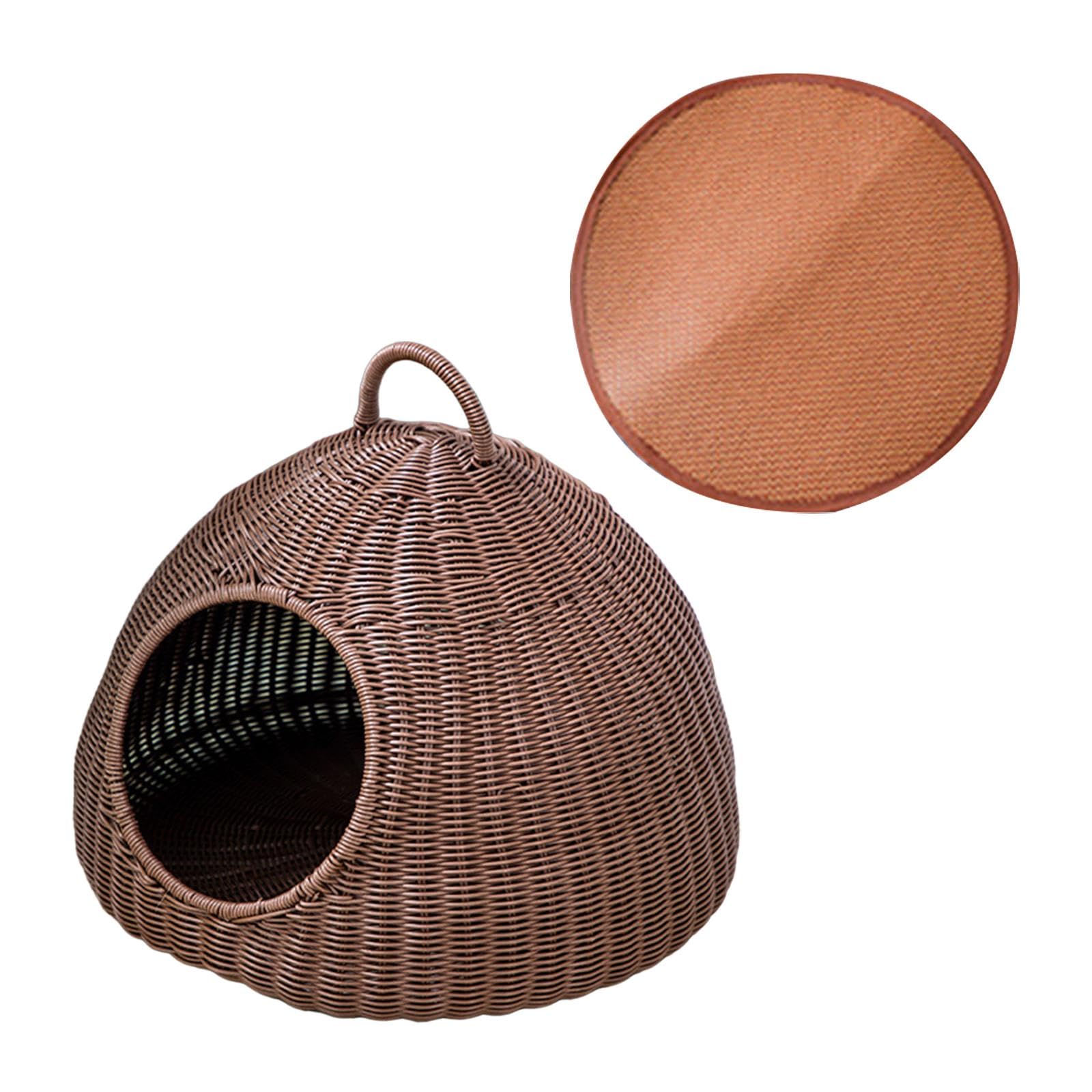 Lit grotte pour chat en imitation rotin café avec coussin amovible pour maison intérieur
