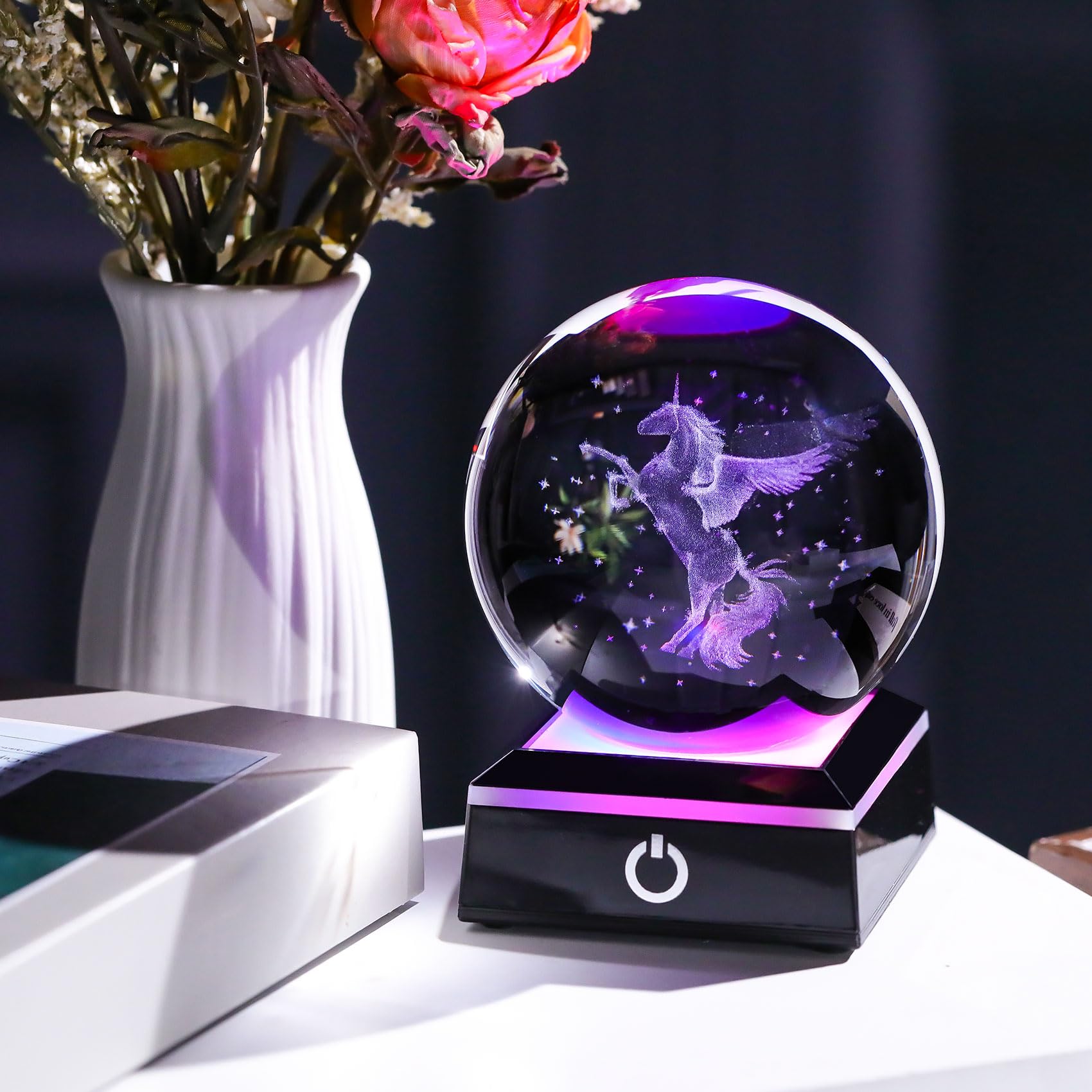 Boule à neige licorne 3D en cristal pour femme, décoration de nuit licorne gravée au laser pour chambre de fille, adulte ou fille